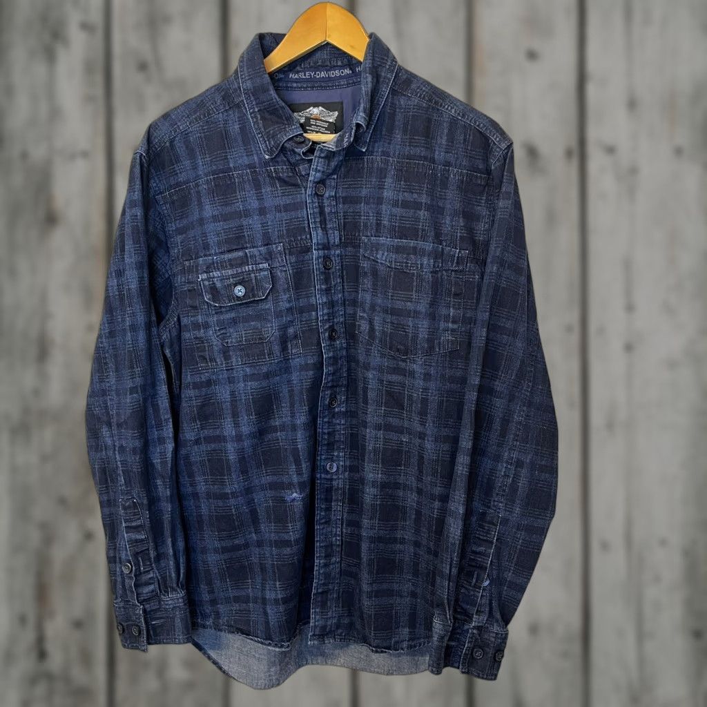 VINTAGE Harley-Davidson Motor Co. Plaid Shirt Biker Long Sleeve Button-Up Sz L Embroidered Mens Shirt