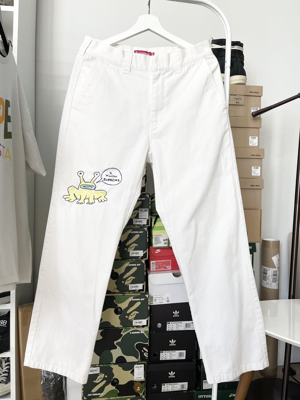 image of 2020 Supreme X Daniel Johnston Embroidered Pants in White, Men's (Size 30)