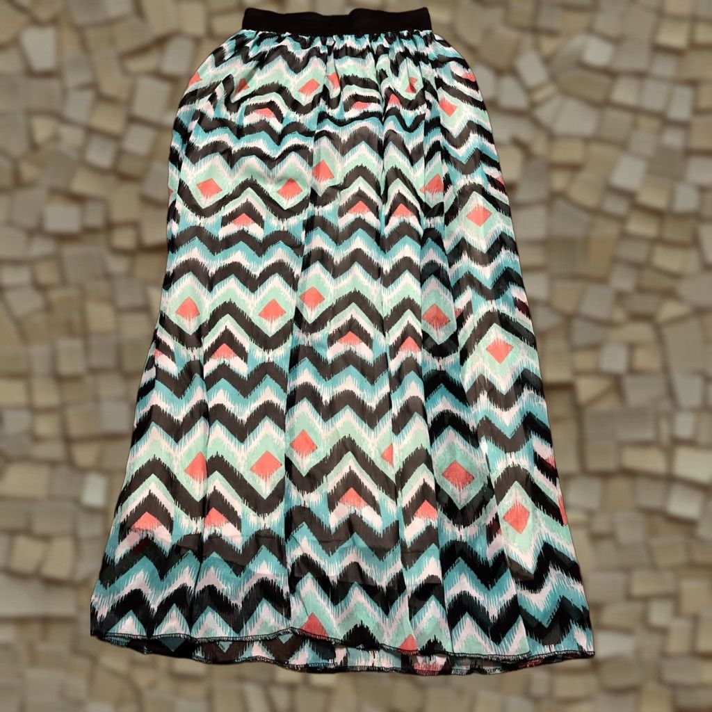 Vintage rue21 Skirt Women's Medium Long Maxi Pink White Green Herringbone Casual Fall Spring Summer Size 32" / US 10 / IT 46 - 1 Thumbnail
