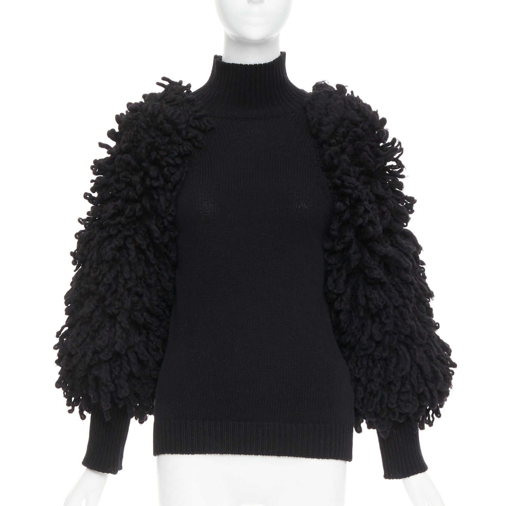 Valentino VALENTINO 2024 black virgin wool boucle yarn sleeves turtleneck sweater S Size S / US 4 / IT 40 - 1 Thumbnail