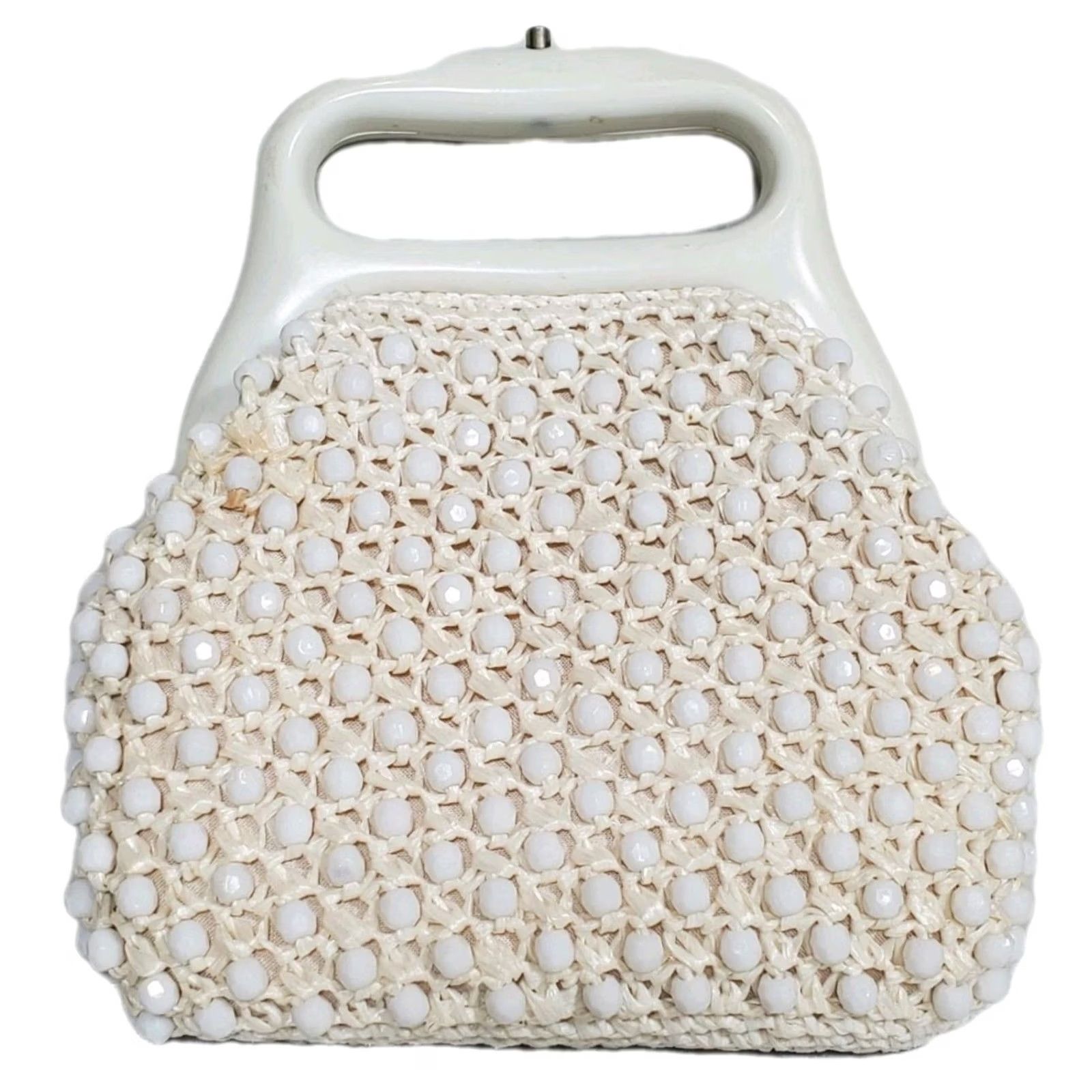 Vintage VINTAGE 1960s Beaded Crocheted Purse Ivory White Plastic Handle Lined Hong Kong Size ONE SIZE - 3 Thumbnail