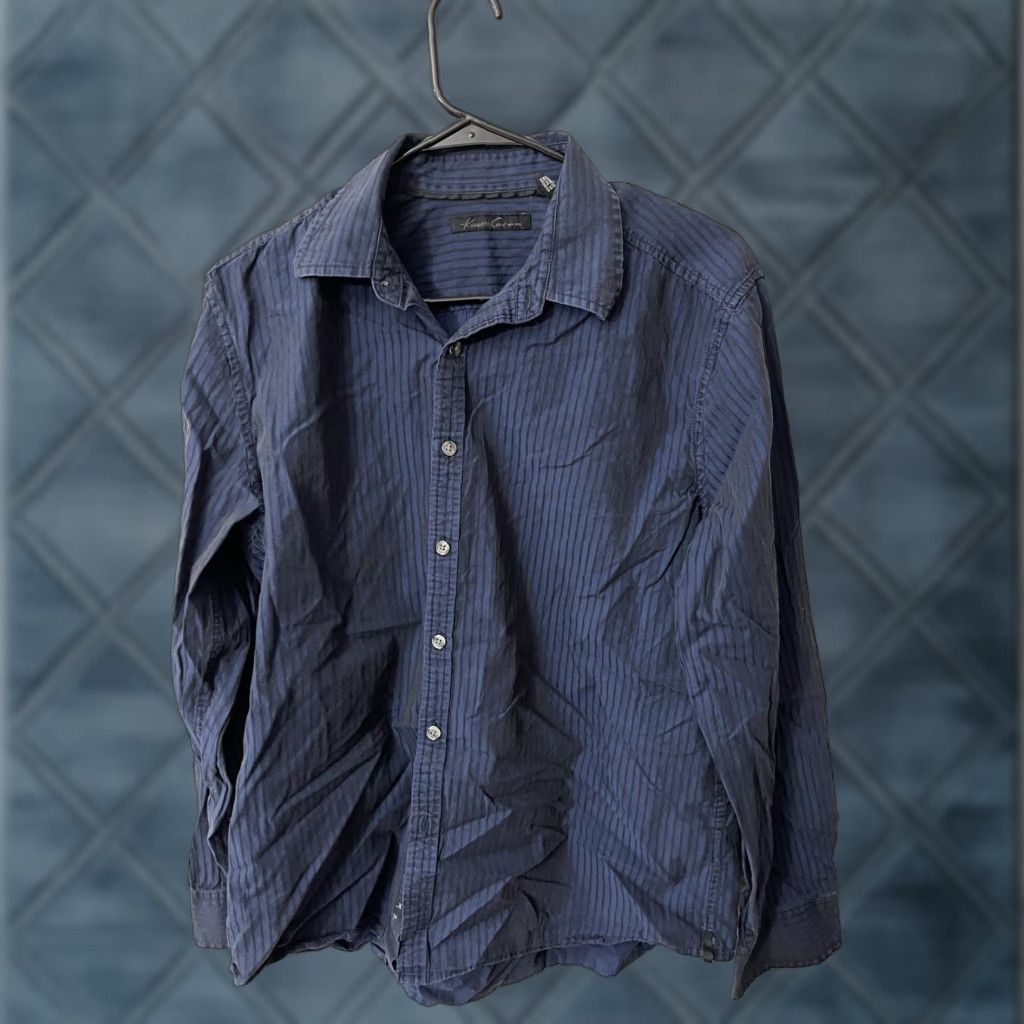 Kenneth Cole Kenneth Cole Button-Down Shirt Men L Blue Striped Wrinkle Free Button Up Shirt Modern Fit Knit Cotton Blend Long Sleeve Size US L / EU 52-54 / 3 - 1 Thumbnail