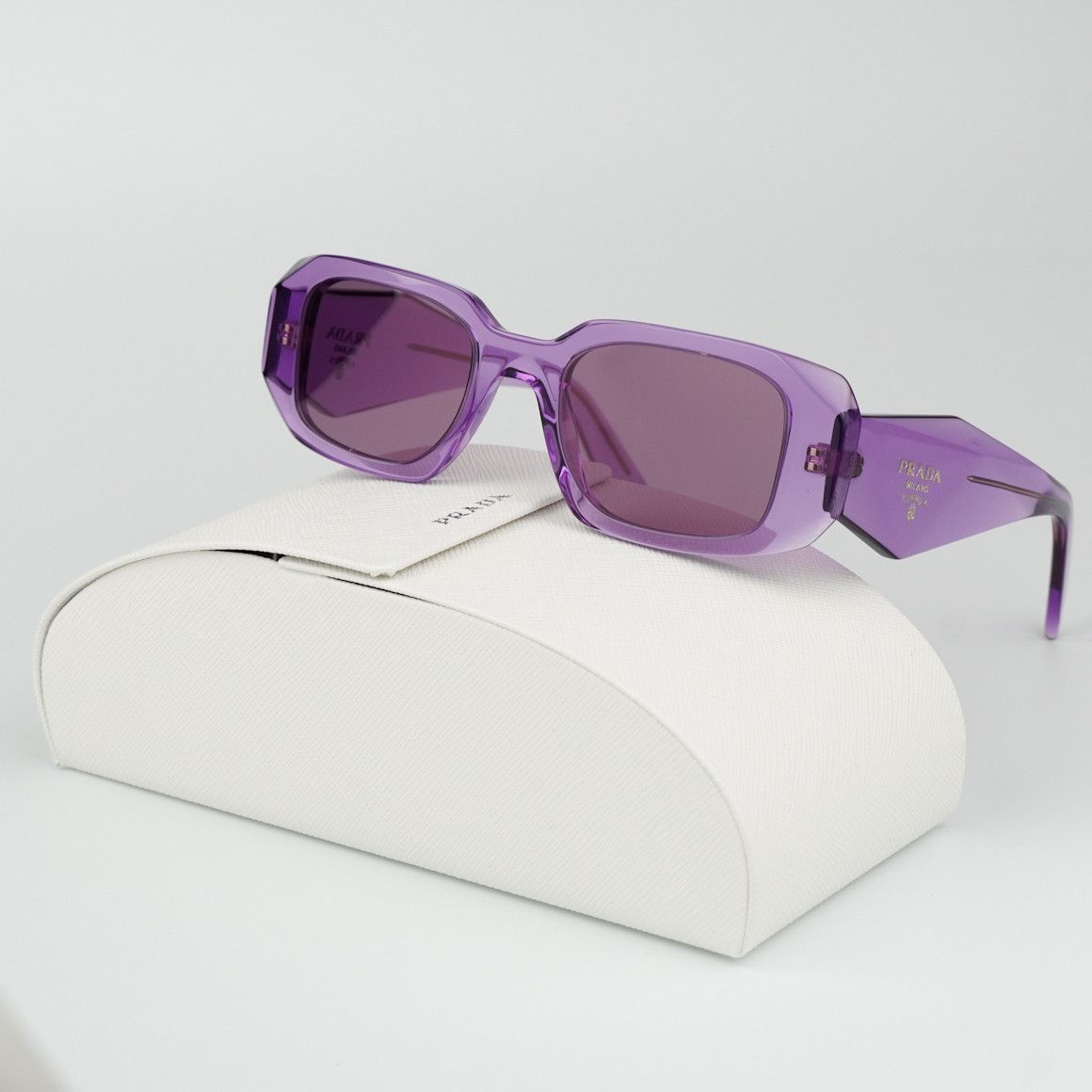 image of New Prada Pr17Ws 13R07Q Rectangle Unisex Sunglasses in Transparent Amethyst/Dark Violet Mirror Silv