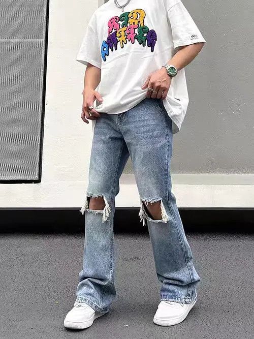 Japanese Brand Hip Hop Retro Street Double Knee Ripped Micro Flare Jeans Size US 30 / EU 46 - 5 Thumbnail