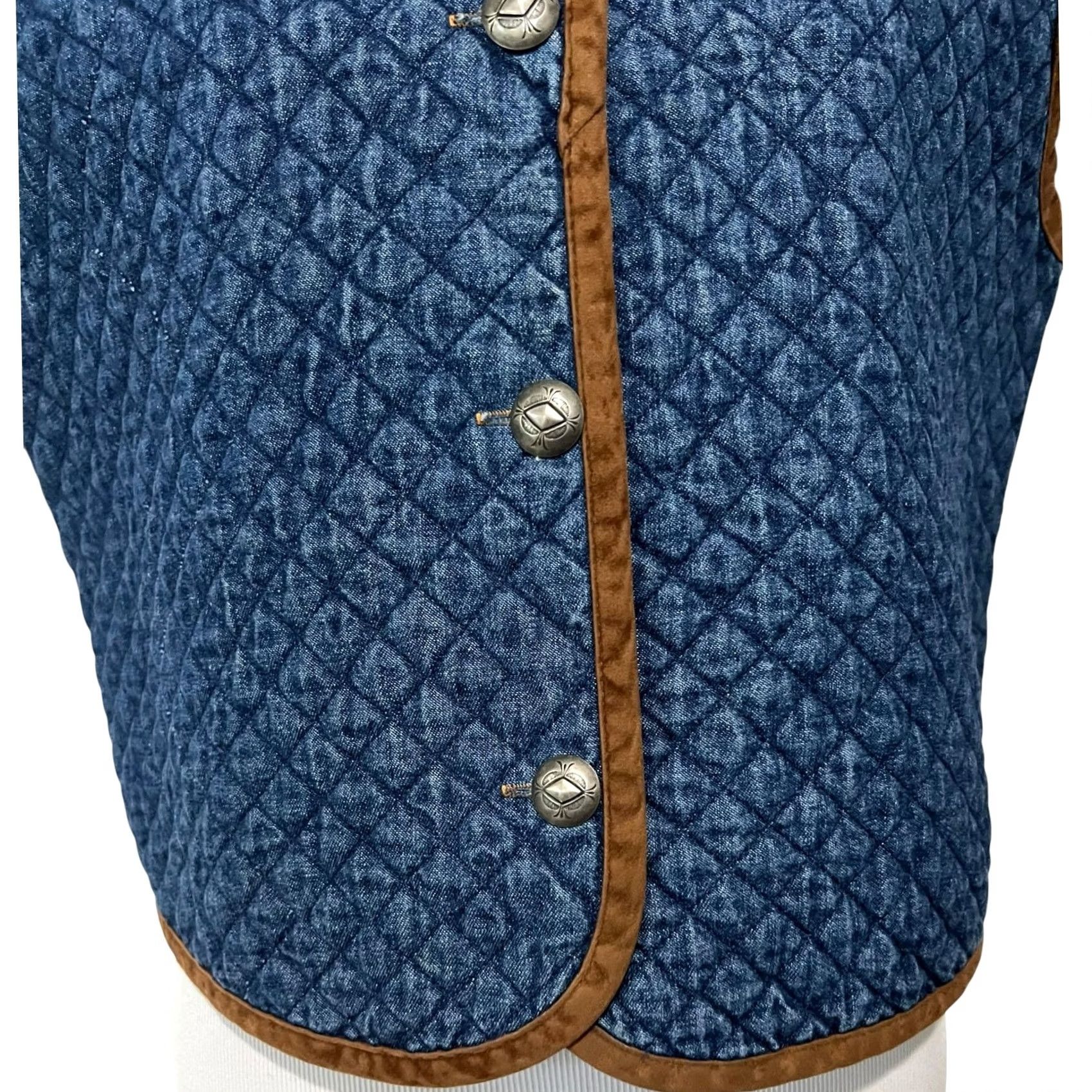 Denime Signature by Jerell Vintage Womens Denim Diamond Quilted Vest Blue Brown Trim Cotton Made USA Sz L Size L / US 10 / IT 46 - 2 Thumbnail