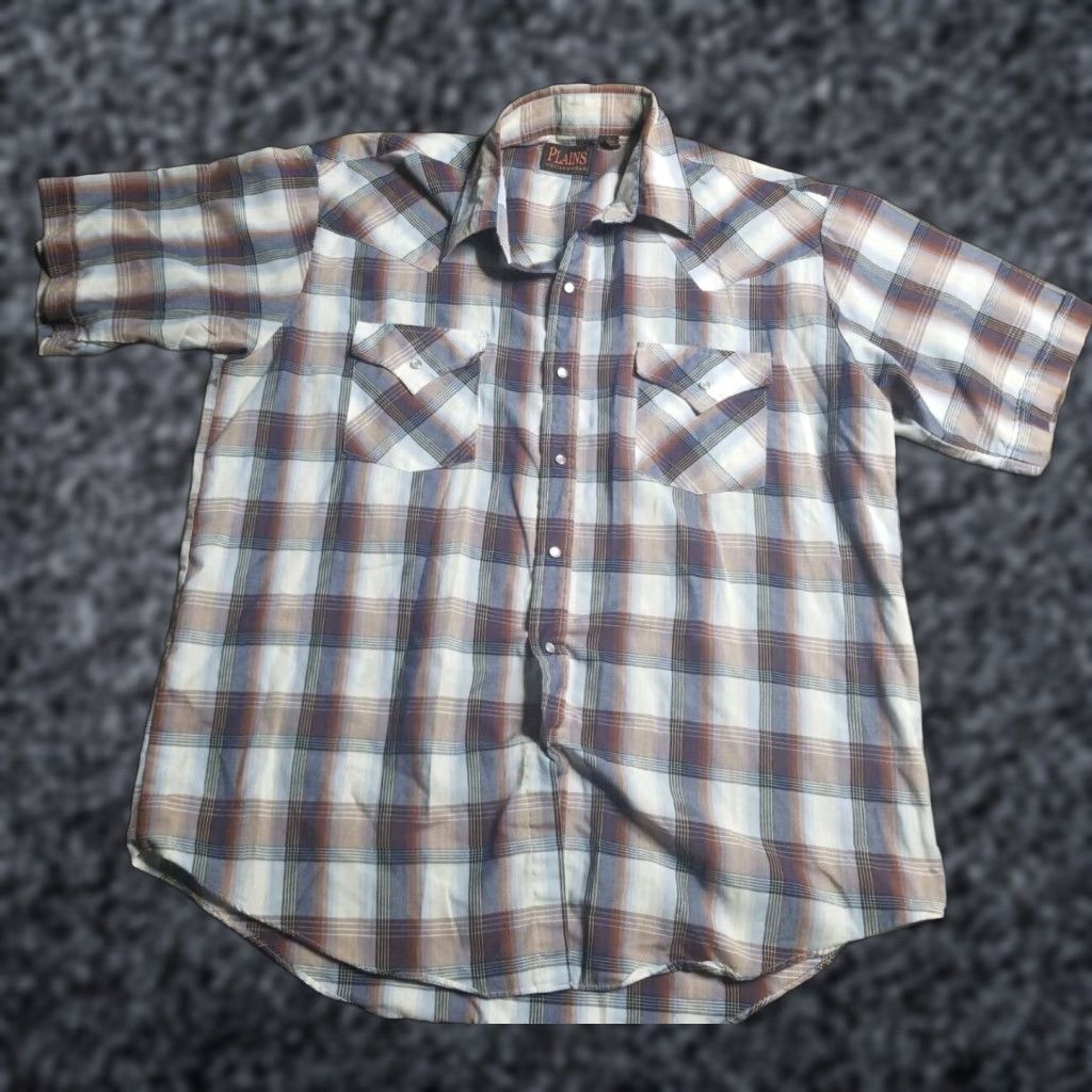 Vintage VINTAGE Plains Western Wear Shirt Plaid Western Pearl Snap Short Sleeve L Blue Mens Regular Shirt Blue Cowboy Retro Rockabilly 90s Mens Size US L / EU 52-54 / 3 - 1 Thumbnail