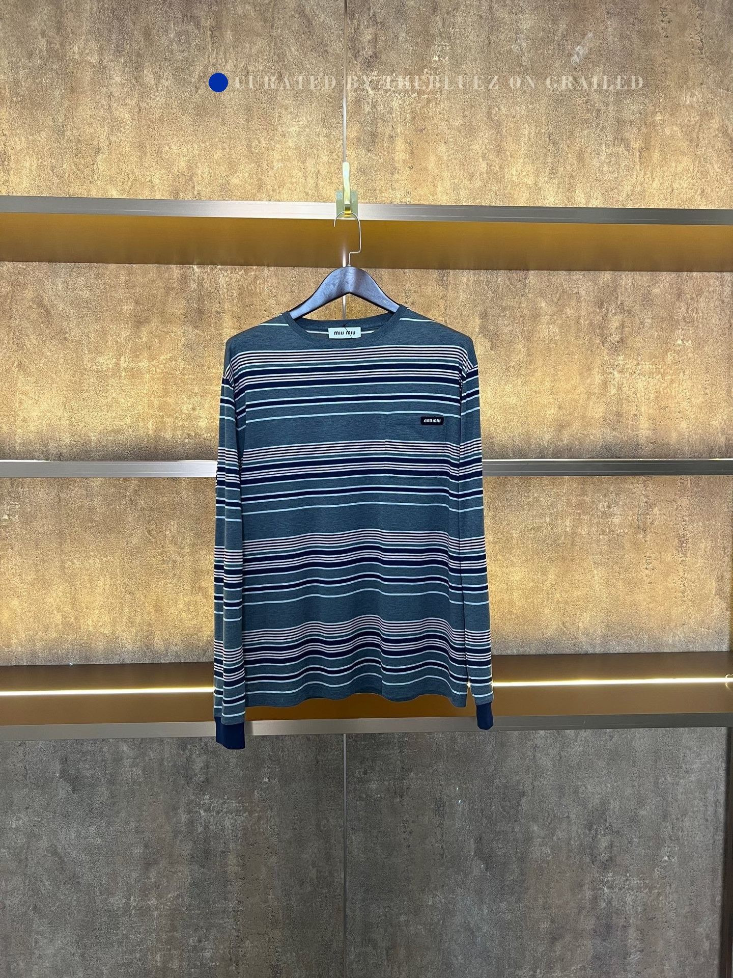 Miu Miu Miu Miu Gray-Blue Striped Slogan Longsleeve Size S / US 4 / IT 40 - 1 Thumbnail