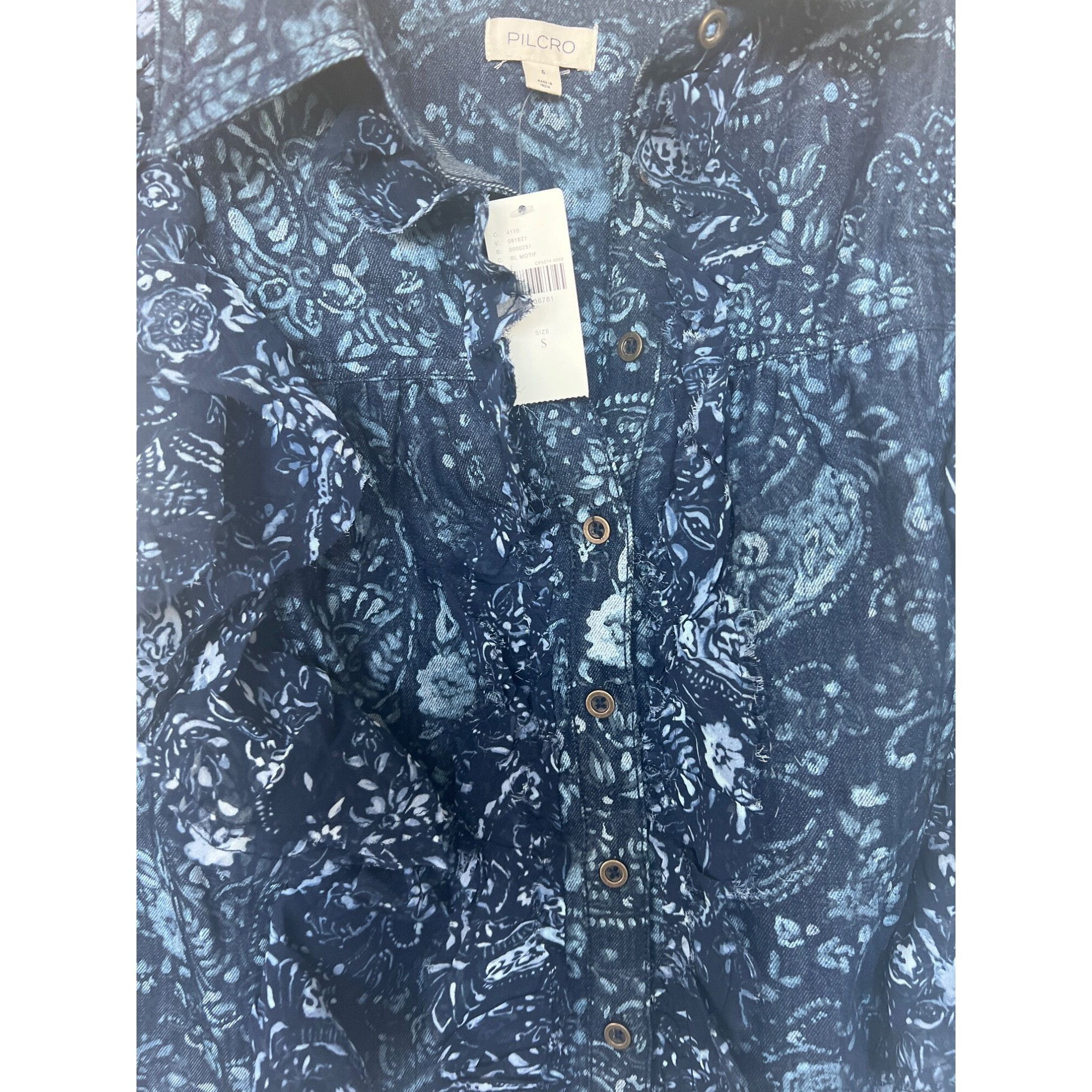 Anthropologie Pilcro Navy Denim Button Down Floral Ruffle Top Size S / US 4 / IT 40 - 6 Thumbnail