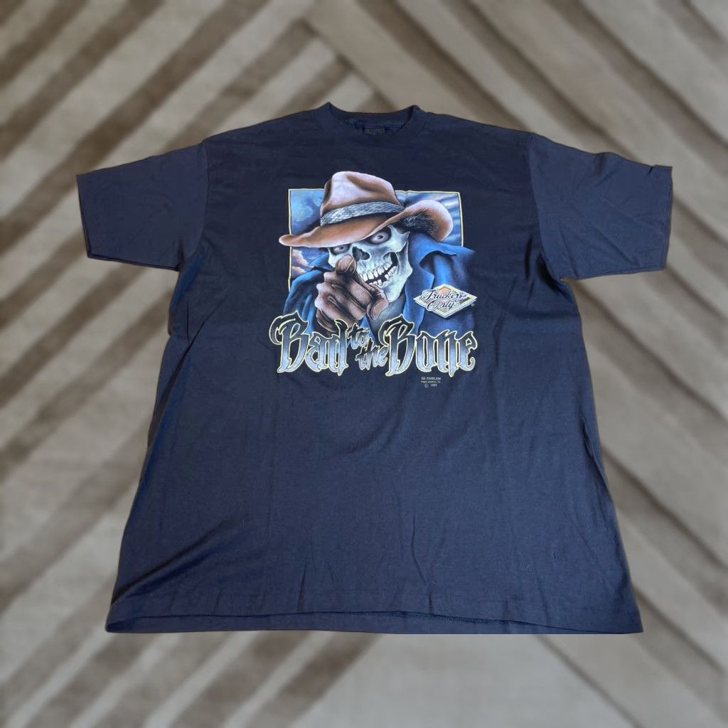Vintage VINTAGE 3D Emblem Bad To The Bone 1991 USA T-Shirt XL Black Men Short Sleeve Graphic Print Size US XL / EU 56 / 4 - 1 Thumbnail