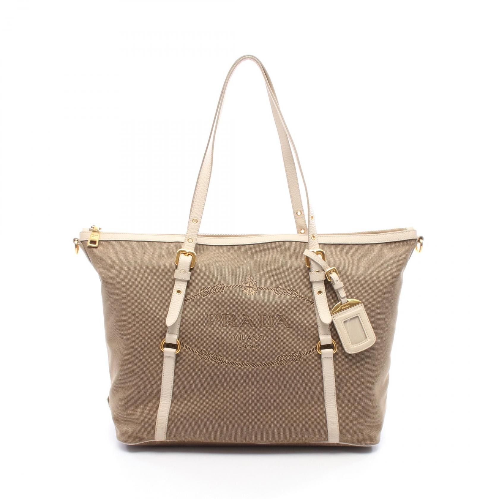 Prada Prada LOGO JACQUARD Canvas Leather Tote Bag Textile Tote Bag 