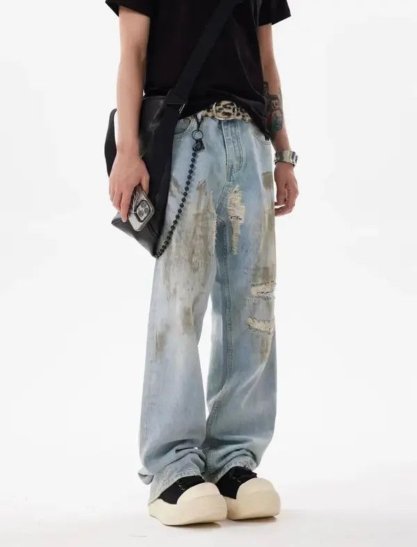 Japanese Brand VIBE Baggy Cashew Patch One Knee Ripped Dirty Jeans Size US 34 / EU 50 - 5 Thumbnail