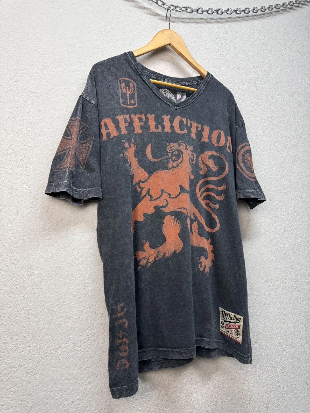 Affliction × Ed Hardy × Gotcha Vintage Affliction Double Skull Black T Shirt Japan Size US XL / EU 56 / 4 - 6 Thumbnail