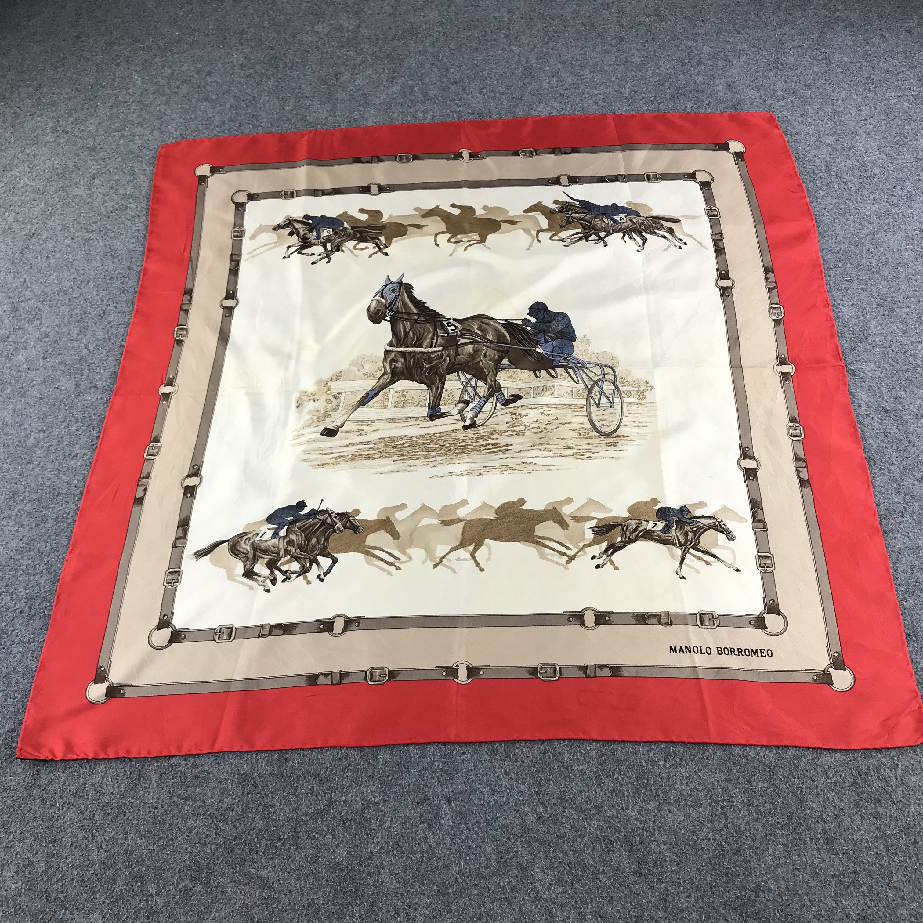 Japanese Brand Manolo Borromeo Horse Racing Silk Scarf M123 Size ONE SIZE - 2 Thumbnail