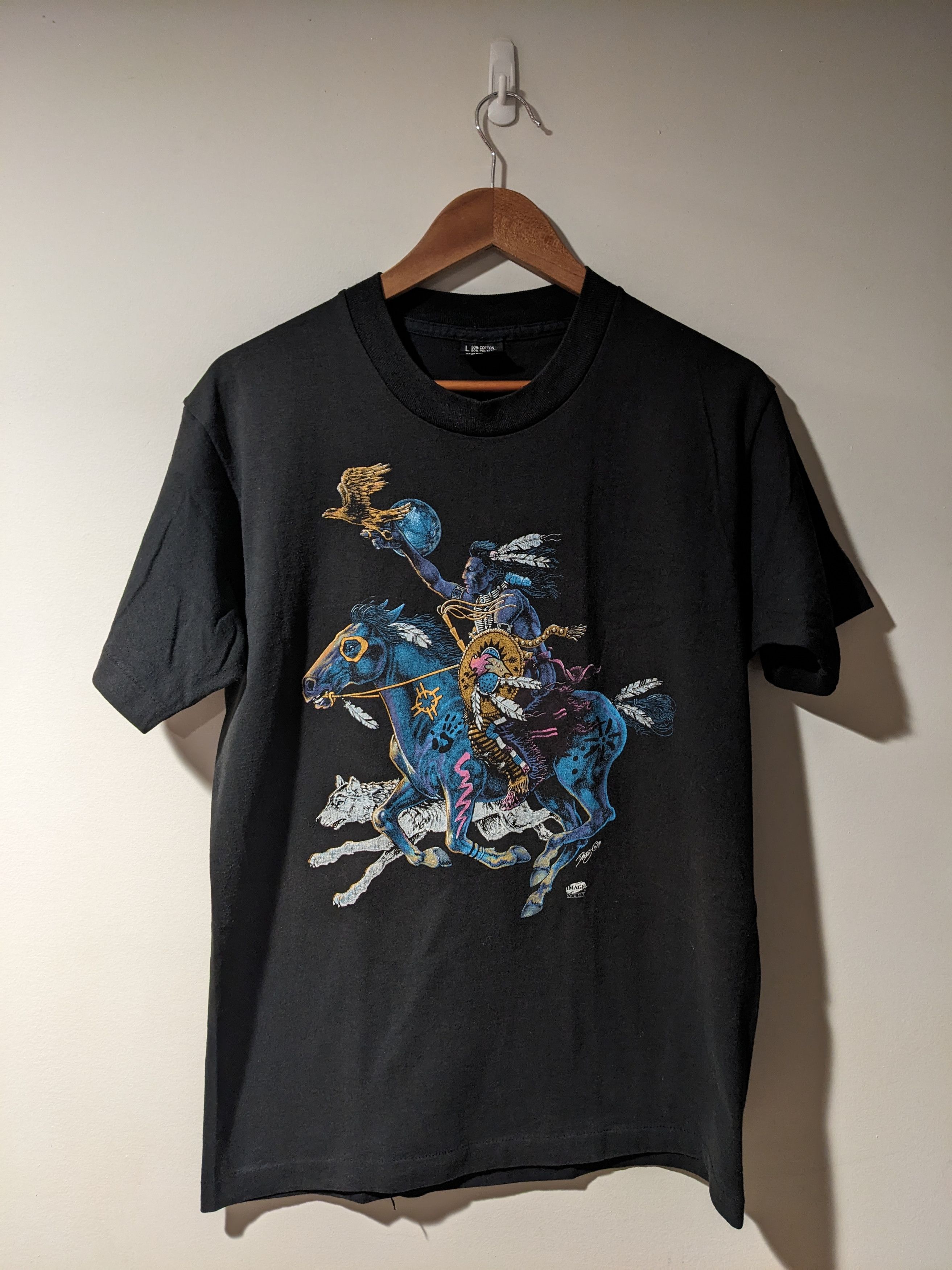 Arts & Science Vintage 1991 Tribal Horse Wolf Image West Large T-Shirt Size US L / EU 52-54 / 3 - 1 Thumbnail