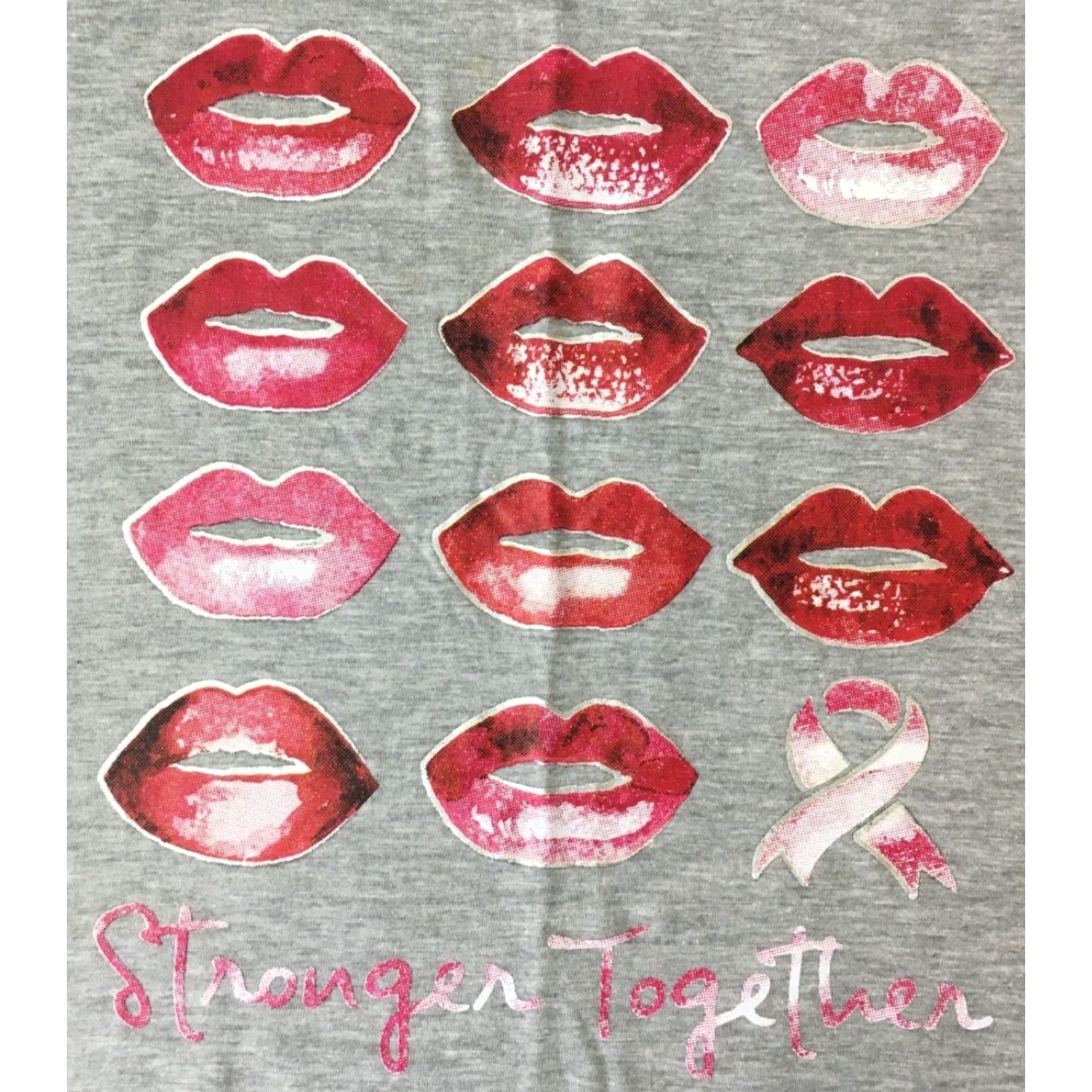 Vintage Live Breathe Fight Womens T-Shirt Gray Heathered Lips Stronger Together M Womens V Neck Casual Graphic Lips Pink Accent Size M / US 6-8 / IT 42-44 - 2 Thumbnail