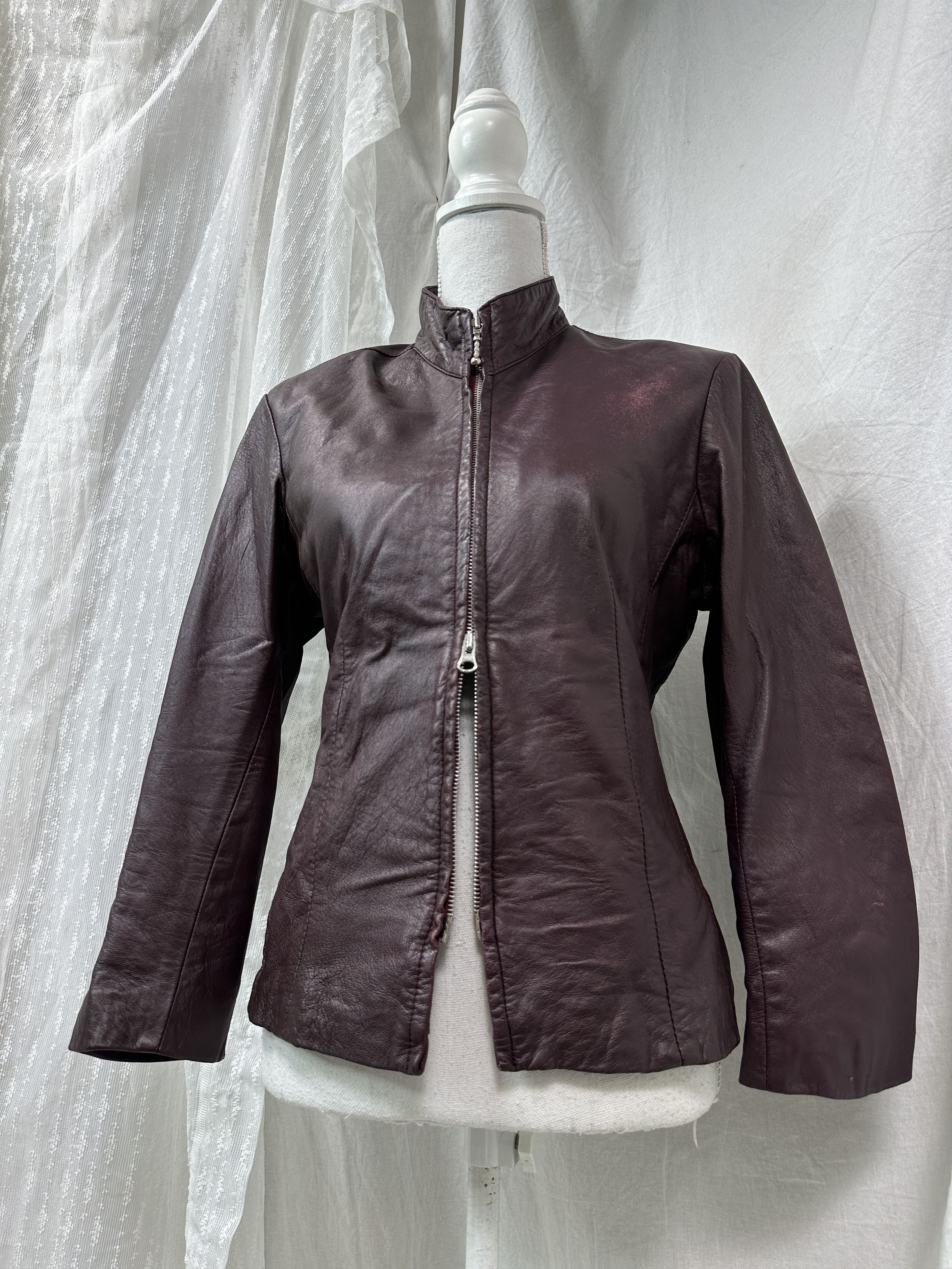 Vintage Vintage Leather Biker Grunge Double Zip Burgundy Jacket Y2K Size L / US 10 / IT 46 - 1 Thumbnail