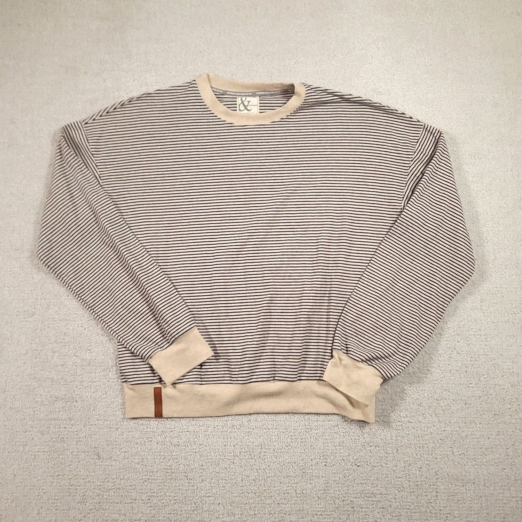 Avenue Ampersand Avenue Womens Sweatshirt Beige Striped Crewneck Size XL Long Sleeve Pullover Casual Fiber 95% Cotton 5% Spandex Size XL / US 12-14 / IT 48-50 - 2 Thumbnail
