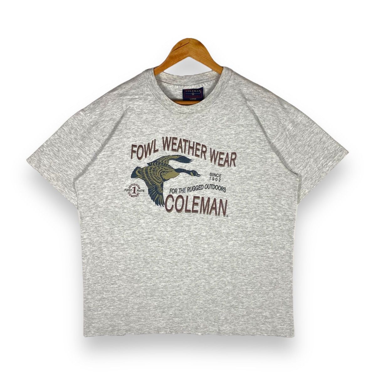 image of Vintage 90's Coleman Fowl Weather Wear Tee in Grey, Men's (Size Large)