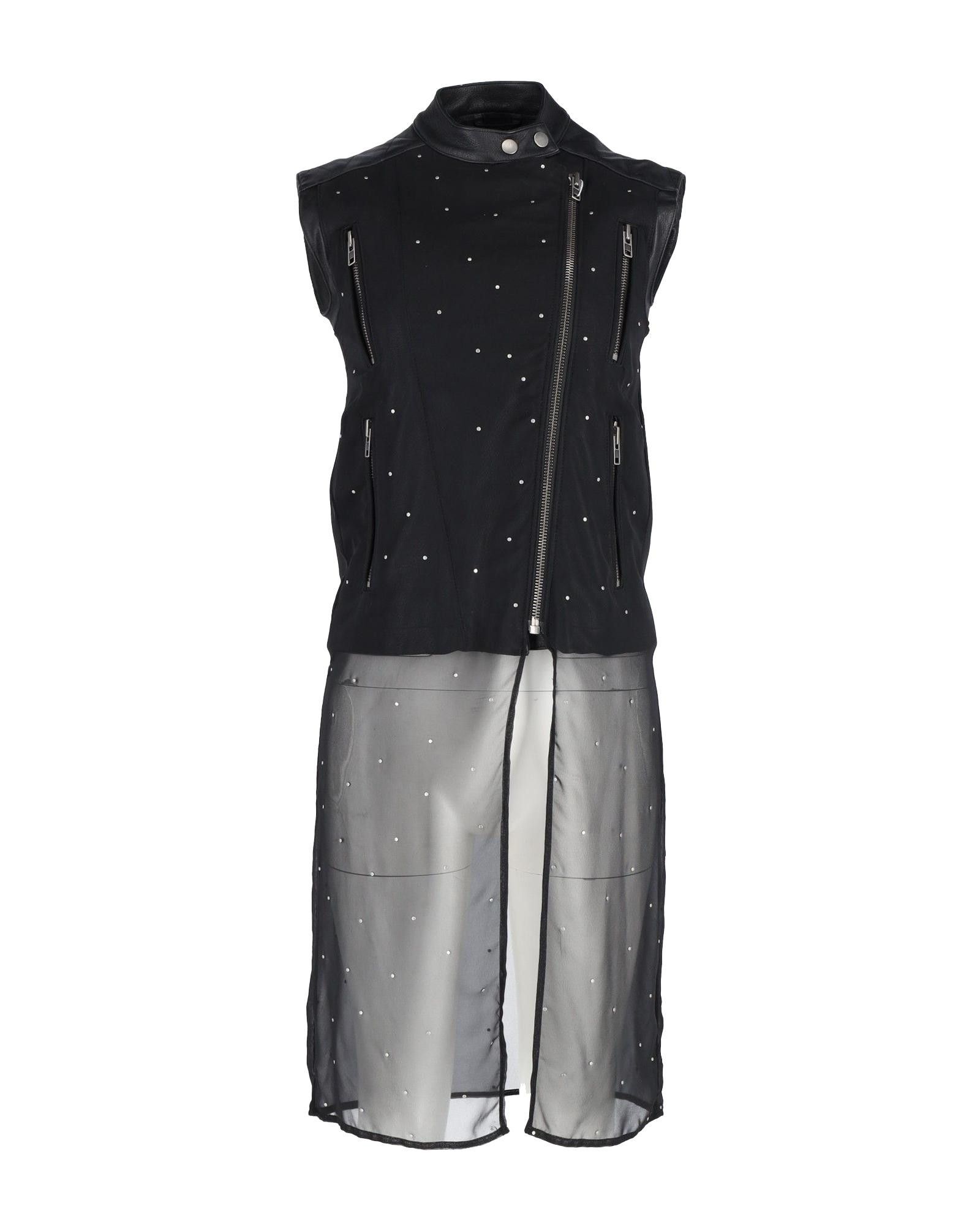 image of Maison Margiela Studded Sheer Overlay Sleeveless Biker Jacket In Black Calfskin Leather, Women's (S