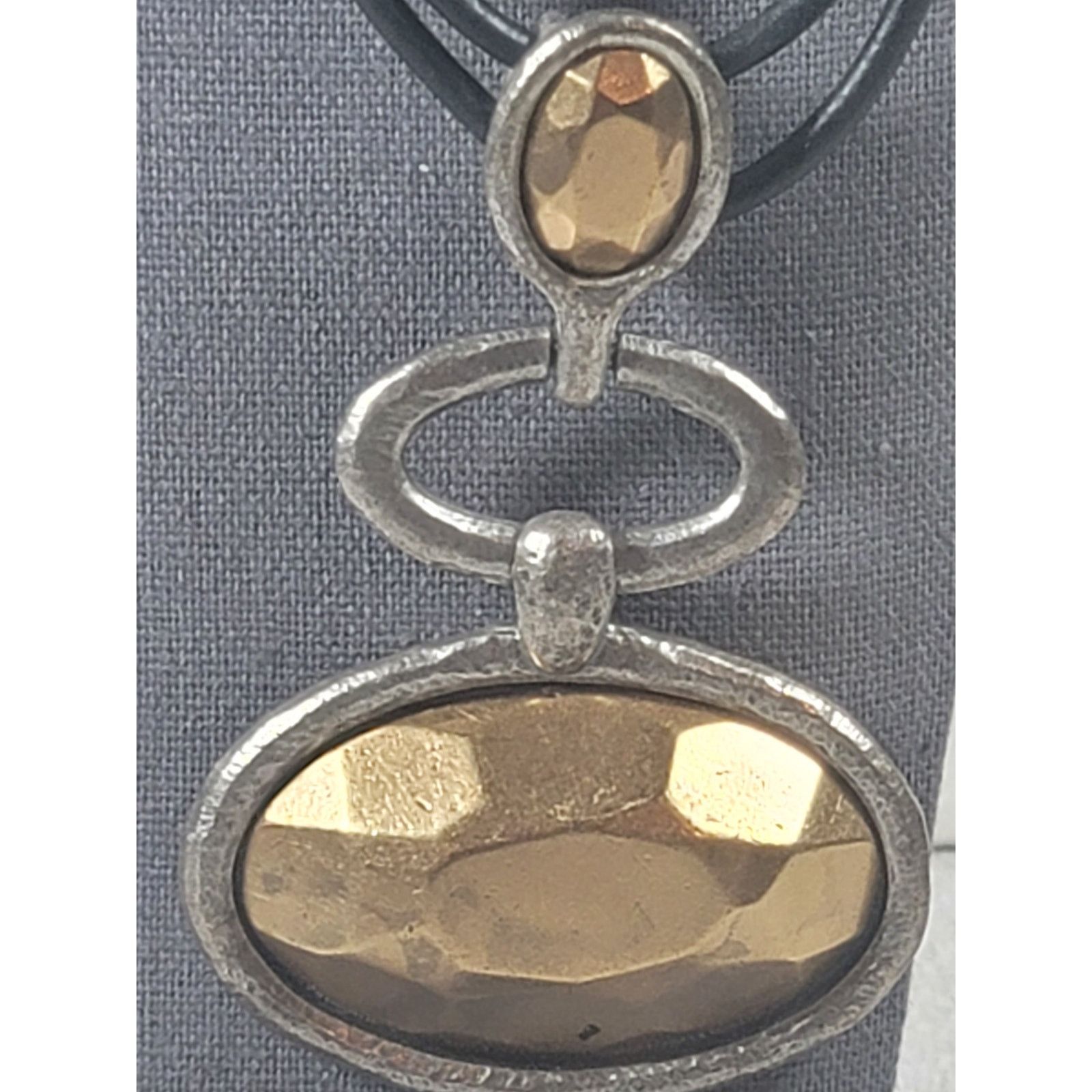 Other Black Leather Brass Silver 3 Tiered Oval 13" Necklace Boho Size ONE SIZE - 6 Thumbnail