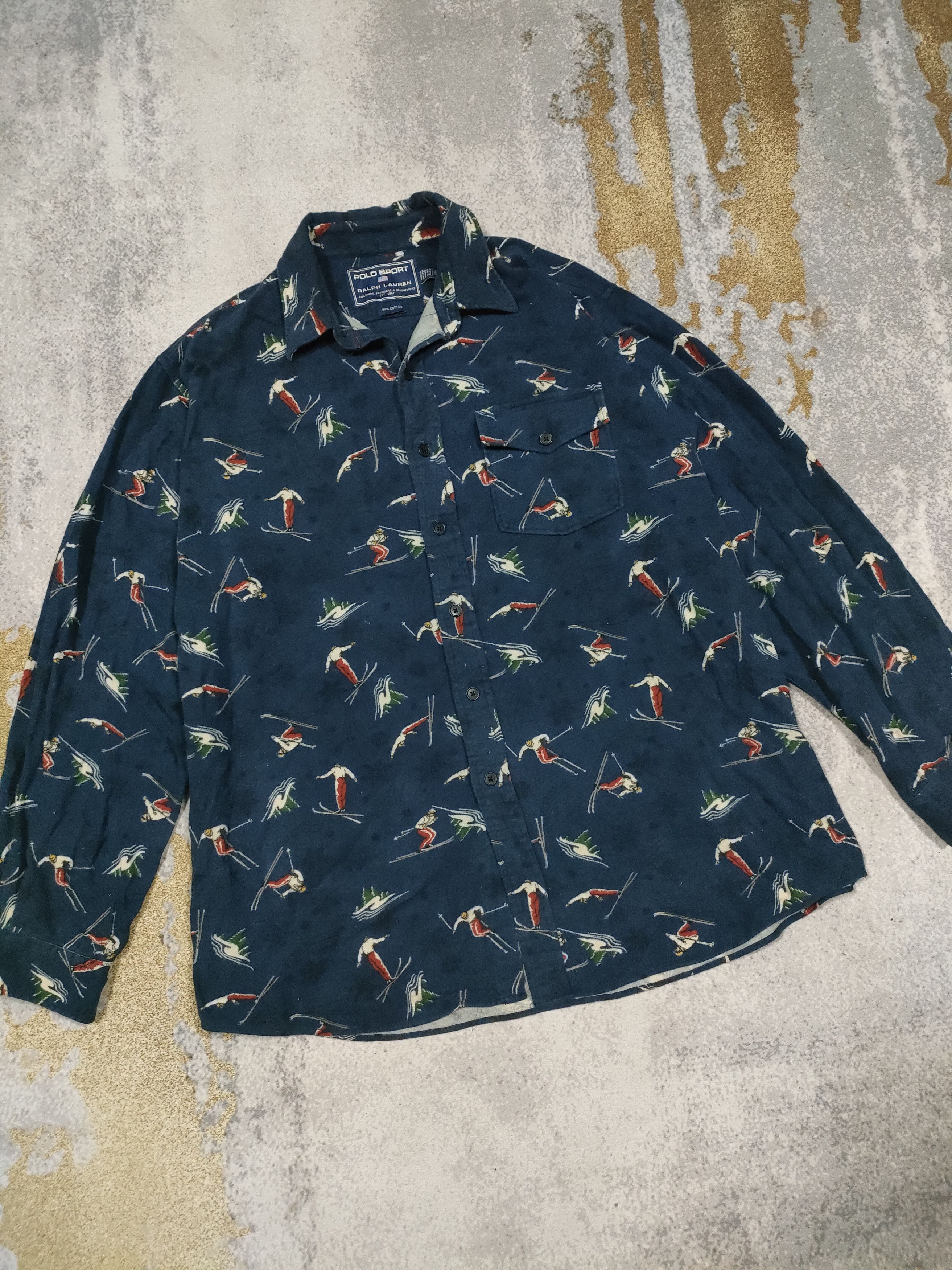 Polo Ralph Lauren × Vintage Vintage Polo Sport Full Print Ski Button UPs Size US L / EU 52-54 / 3 - 1 Thumbnail