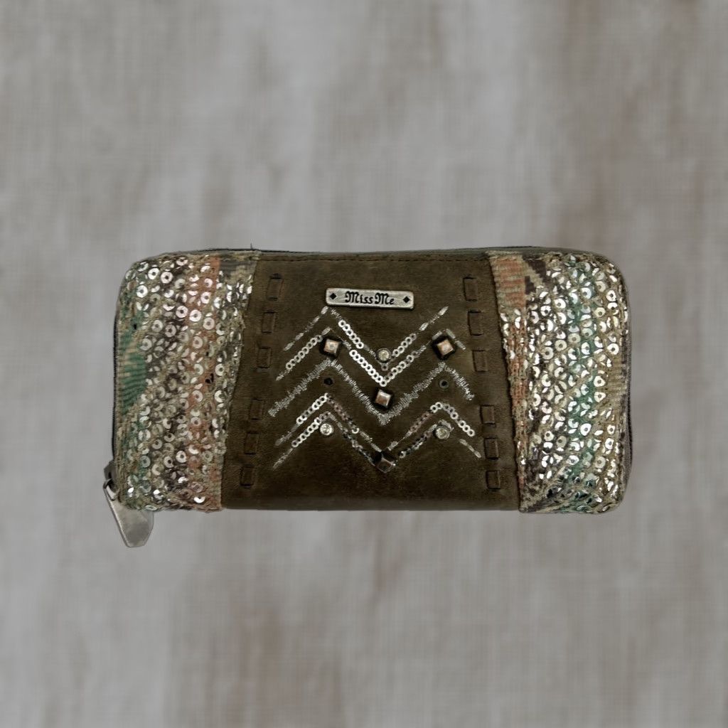 Miss Me VINTAGE Miss Me Wallet Gray Faux Leather Zipper Closure Bedazzled 8x4x1 Women Wallets Bedazzled Accents Zipper Closure Size ONE SIZE - 1 Thumbnail