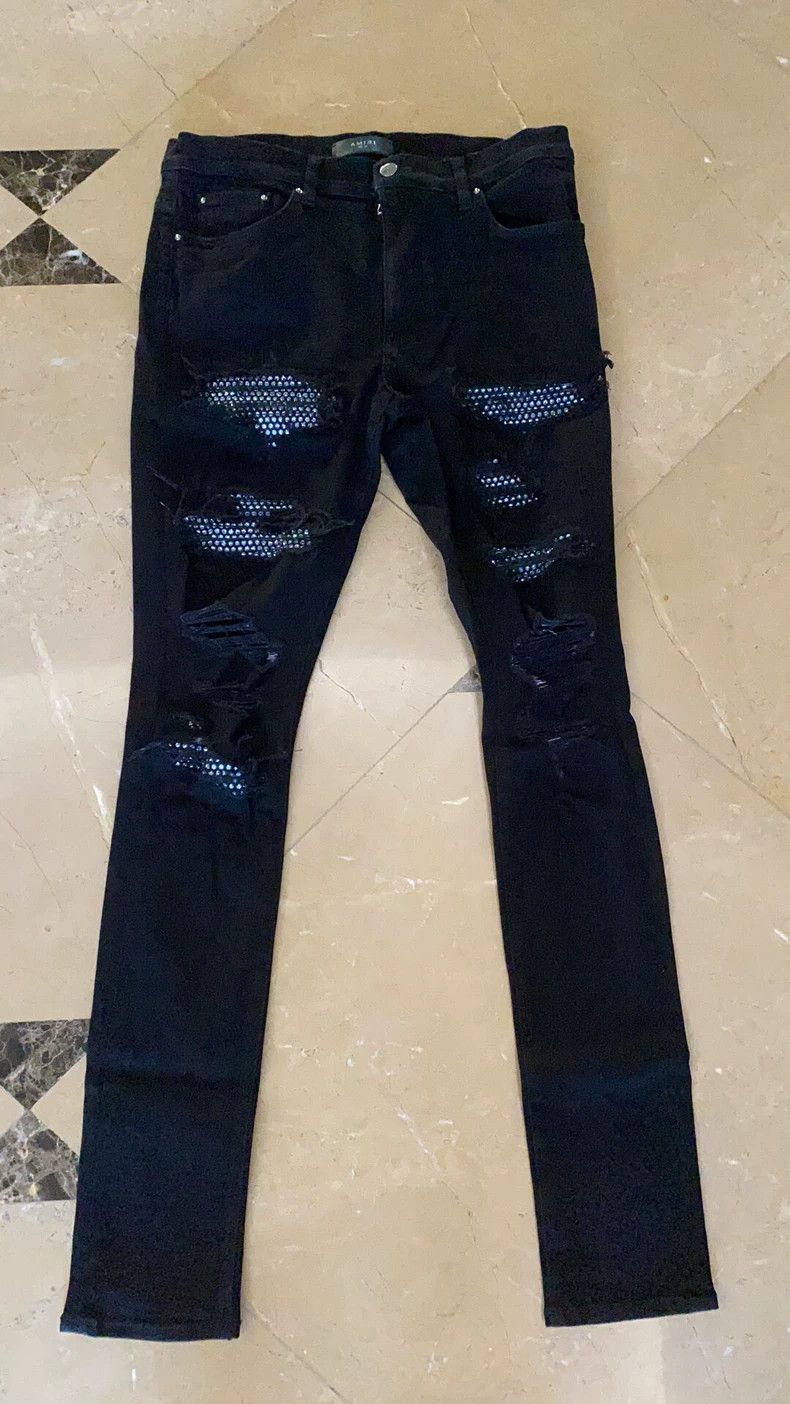 Amiri Amiri high-end ice blue diamond destroyed black denim pant Size US 33 - 1 Thumbnail