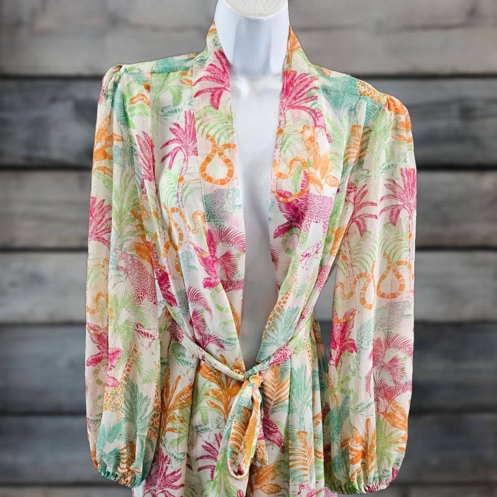 Vintage Cabi 6185 Womens Sunset Kimono Blouse Small Pink Green Sheer Long Sleeve Casual Womens Size S / US 4 / IT 40 - 1 Thumbnail
