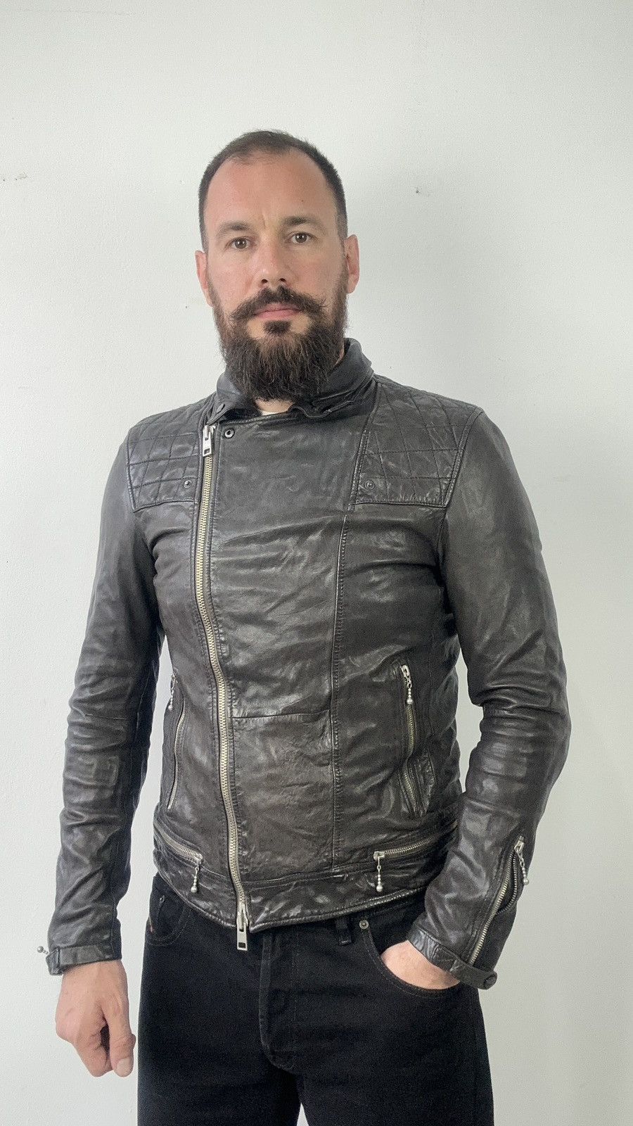 Allsaints AllSaints Conroy Men Leather Biker Jacket Quilted Double Zip Size US L / EU 52-54 / 3 - 3 Thumbnail