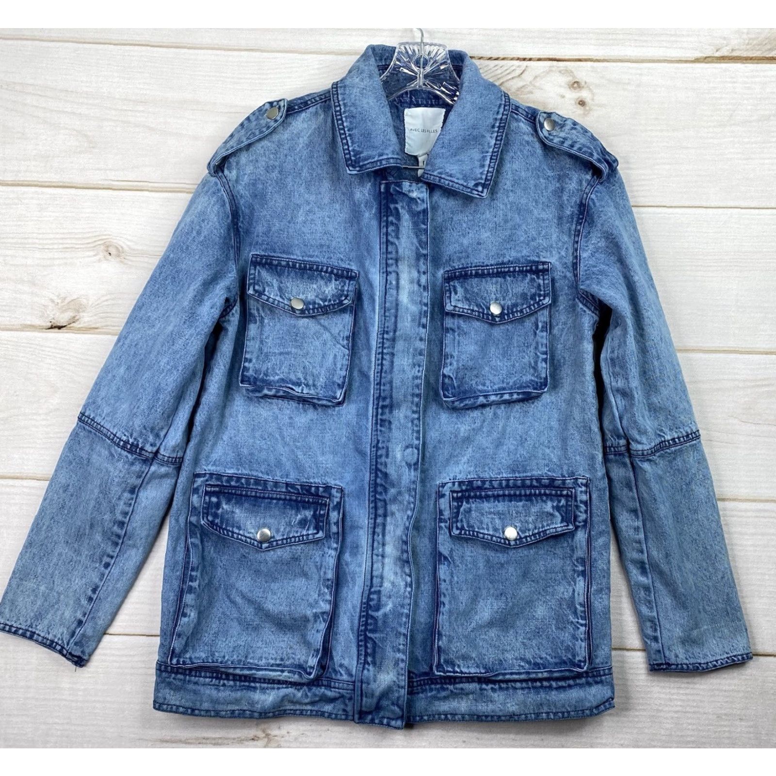 AVEC LES FILLES Avec Les Filles Jacket Womens S Denim Military Full Zip Pockets Acid Wash Blue Size S / US 4 / IT 40 - 2 Thumbnail