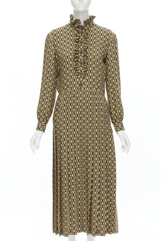 Celine new CELINE Hedi Slimane Triomphe chain wool frill collar pleated dress FR38 S Size S / US 4 / IT 40 - 1 Thumbnail