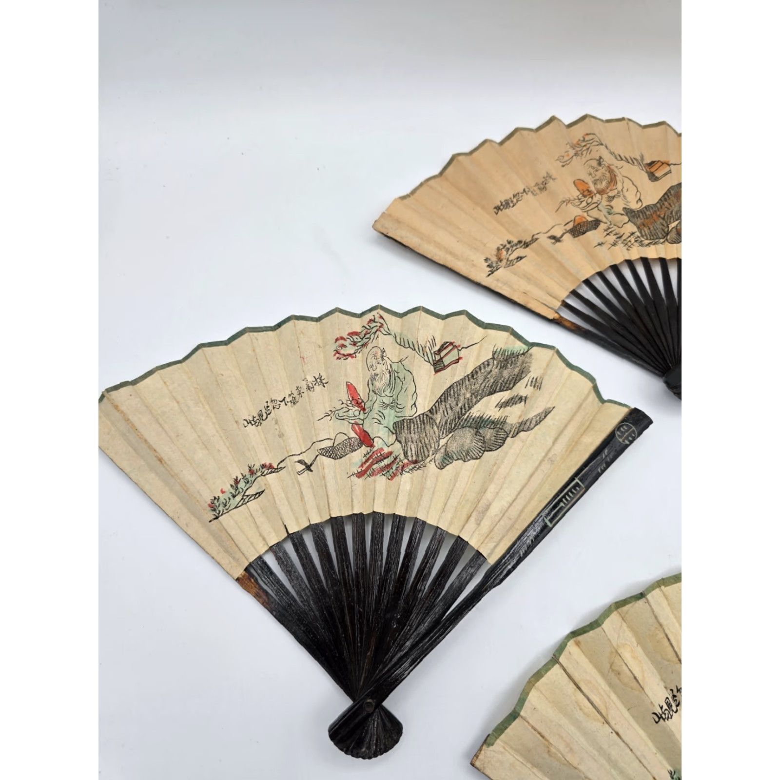 Vintage VTG 3 Lot Matching Chinese Folding Hand Fans Handmade Painted Rice/Bamboo Paper Fans Size ONE SIZE - 3 Thumbnail