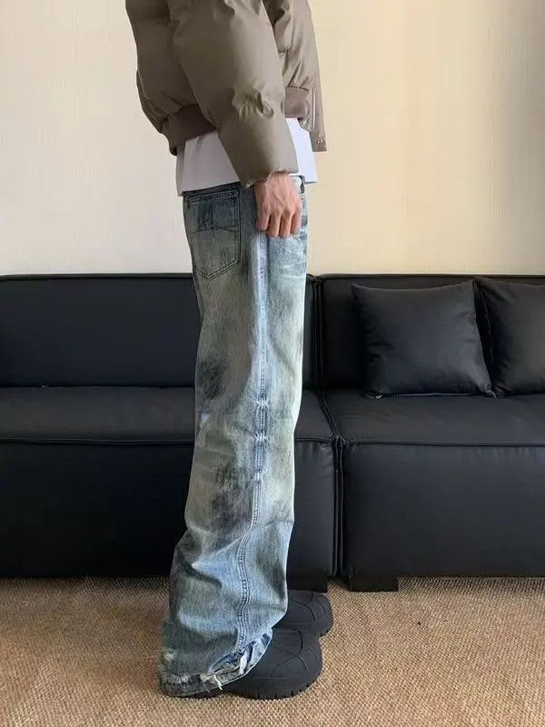 Japanese Brand Risa Blue washed distressed ink-splashed wide-leg jeans Size US 32 / EU 48 - 3 Thumbnail