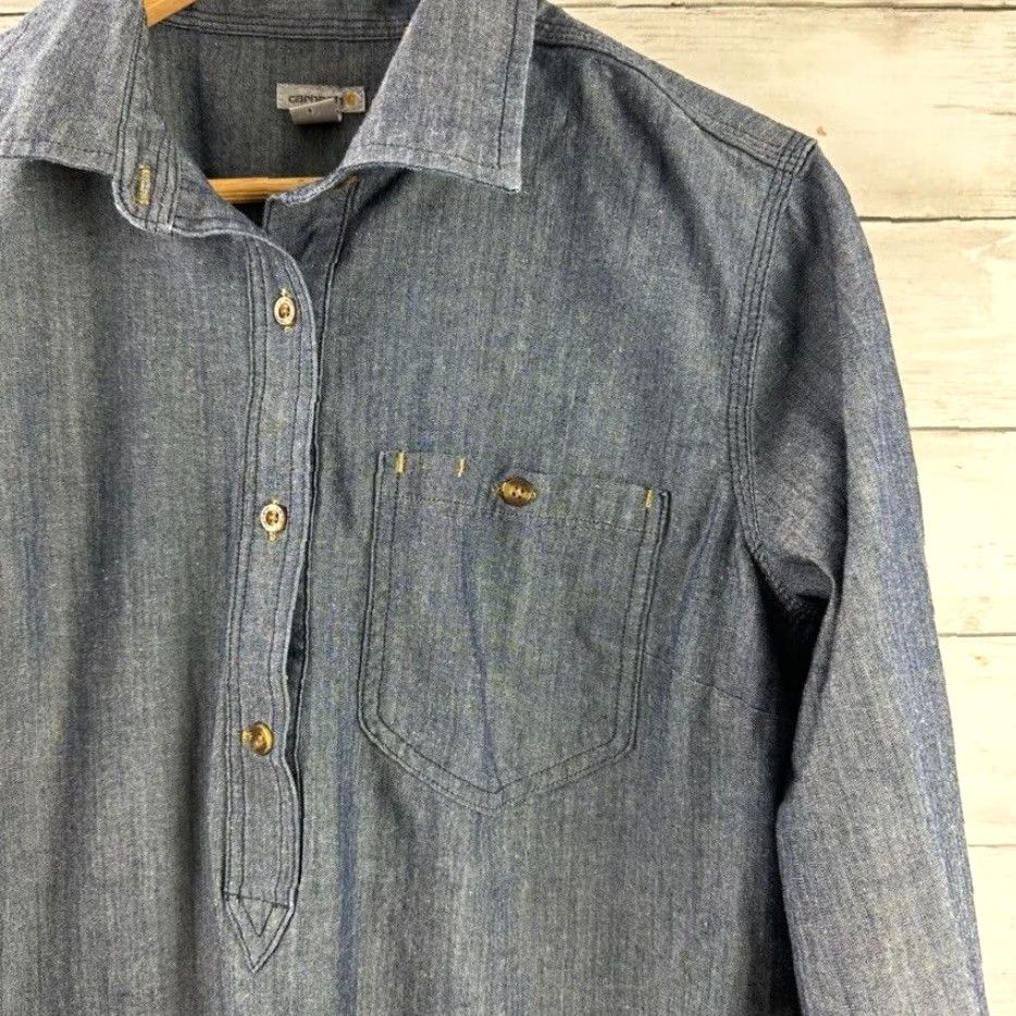 Carhartt VINTAGE Carhartt Shirt Women’s Medium Blue Long Sleeve 1/4 Button Pullover Chambray 100% Cotton Back in Style Mens? No. Size M / US 6-8 / IT 42-44 - 5 Thumbnail