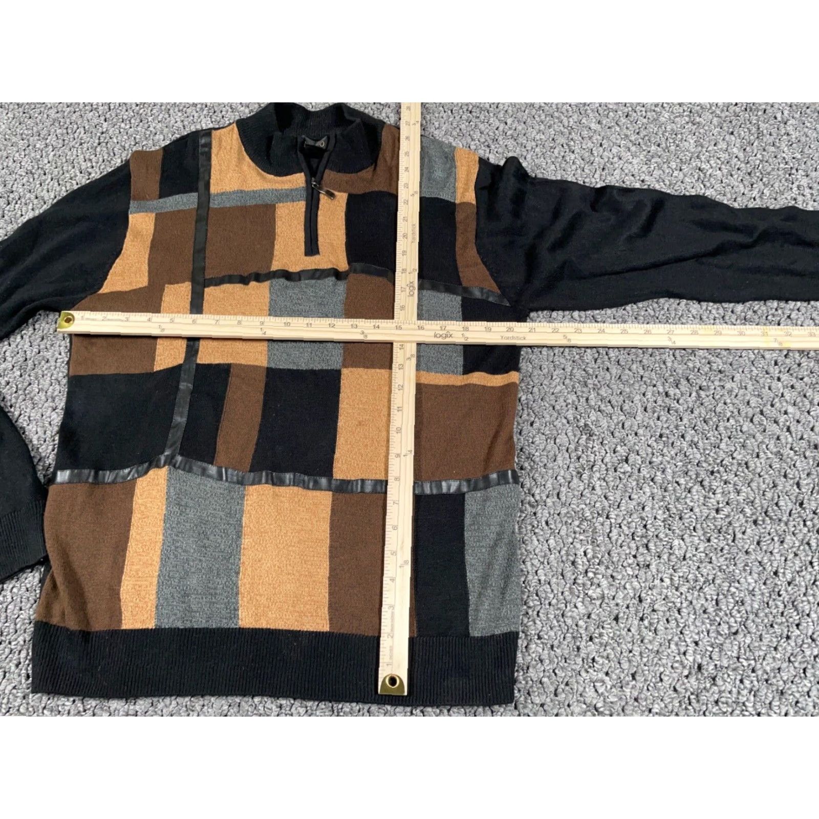 Vintage Vintage Men's Sweater 1/4 Zip Black Brown Check Pattern Wool Knit Large Fall Winter Retro 90s Size US L / EU 52-54 / 3 - 6 Thumbnail