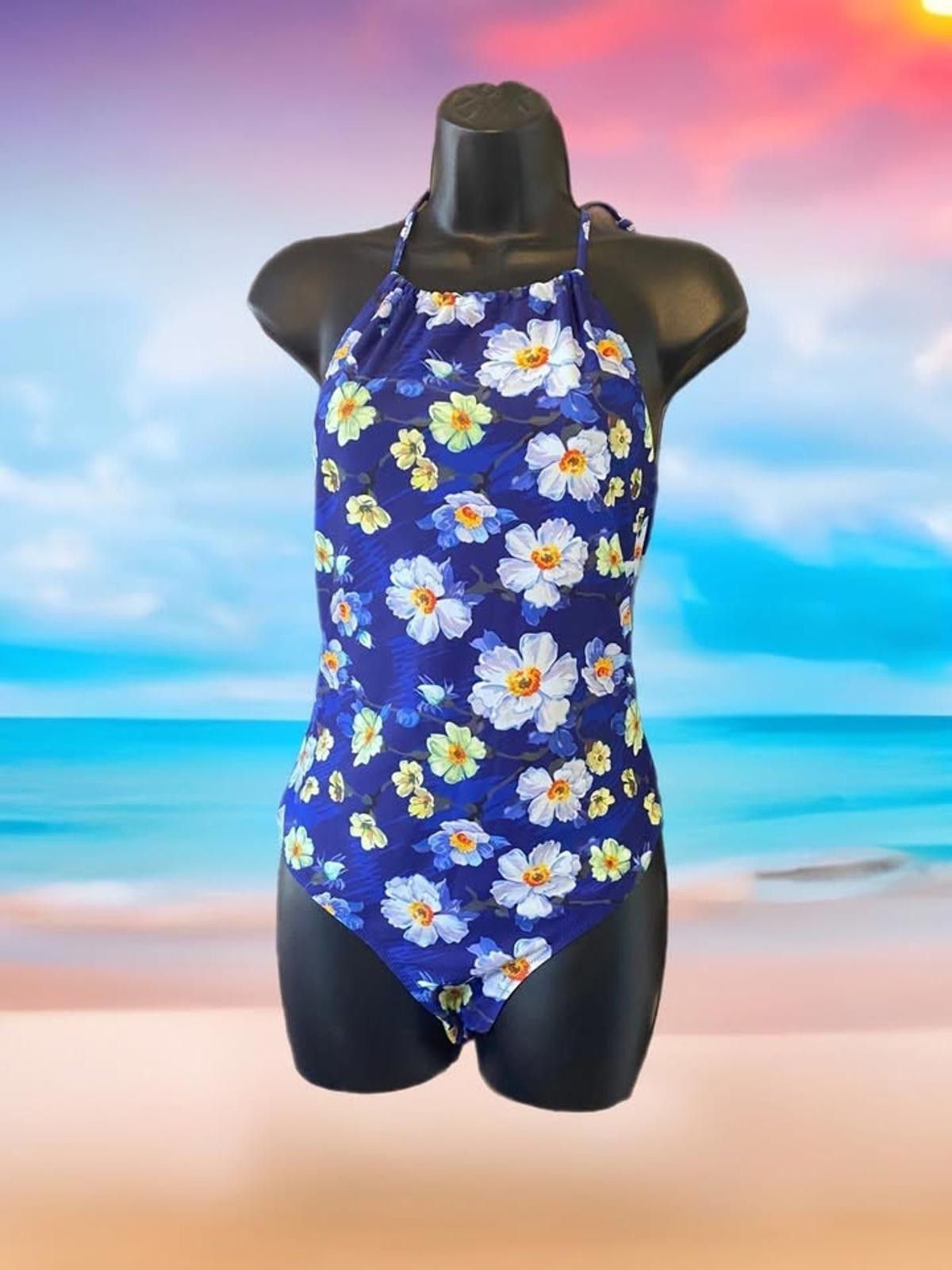 Designer Floral Print Halter One-Piece Swimsuit-Small in Blue, Women's
