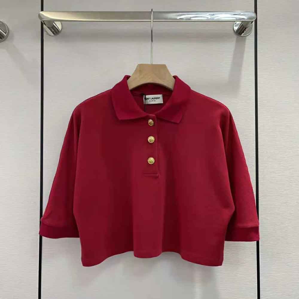 Saint Laurent Paris o1s1wg111124 Cropped Polo Shirt in Cotton Piqué in Red Size M / US 6-8 / IT 42-44 - 2 Thumbnail