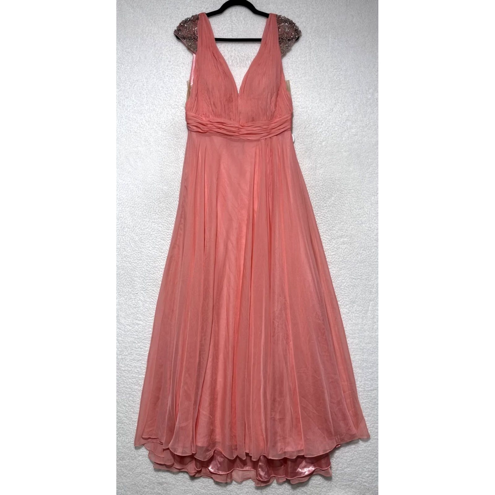 Mac Duggal Mac Duggal A-Line Gown NWT 67811 CHIFFON BEADED CAP SLEEVE Pink Coral 10 Women VINTAGE No Size ONE SIZE - 4 Thumbnail