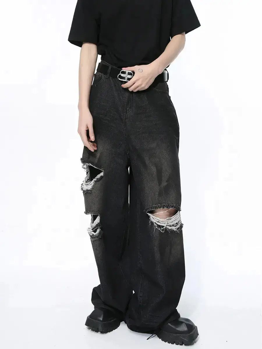 Japanese Brand Retro loose straight leg ripped jeans Size US 32 / EU 48 - 6 Thumbnail
