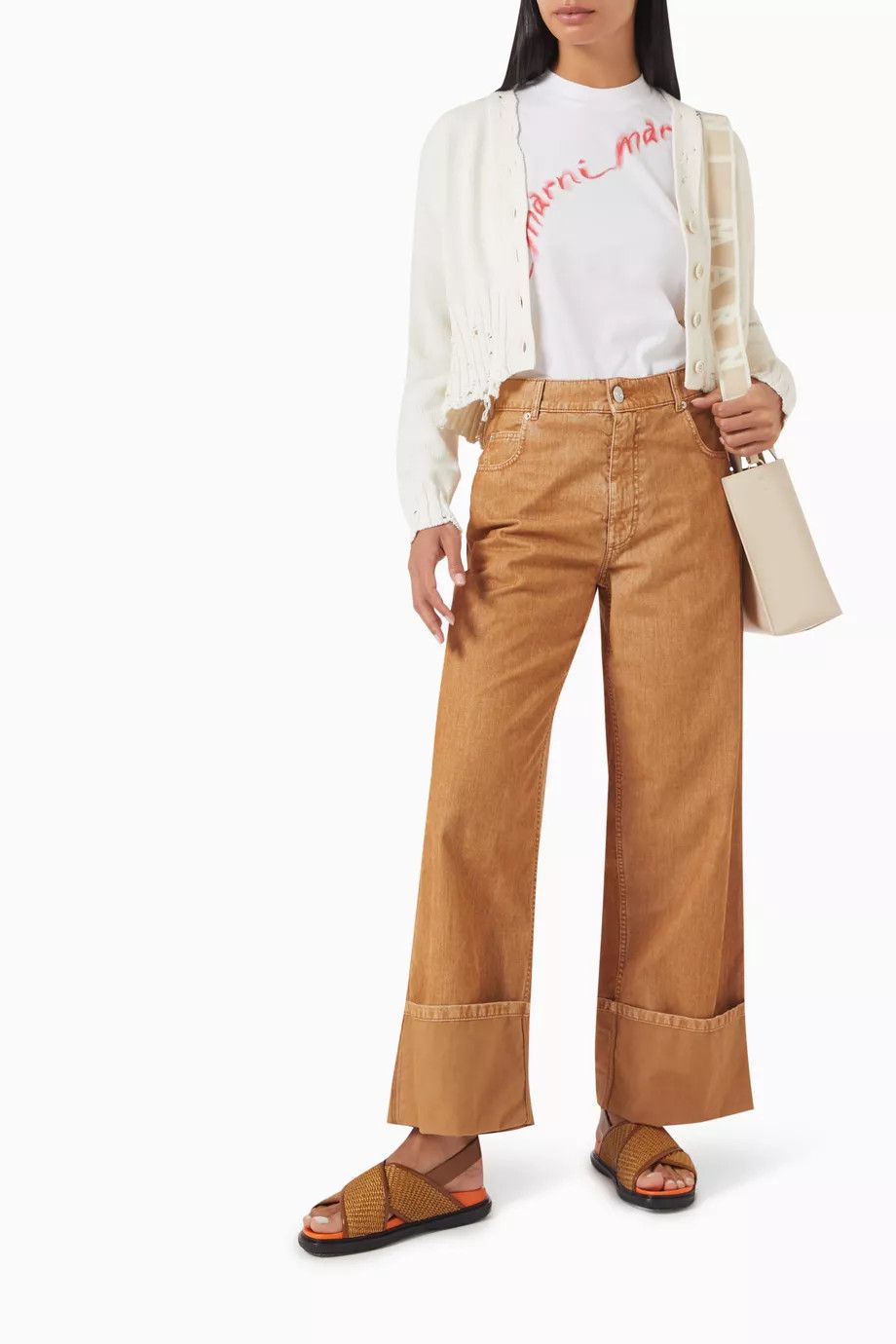 Marni oc11z0525 Logo Patch Turn Up Jeans in Beige Size 26" / US 2 / IT 38 - 3 Thumbnail