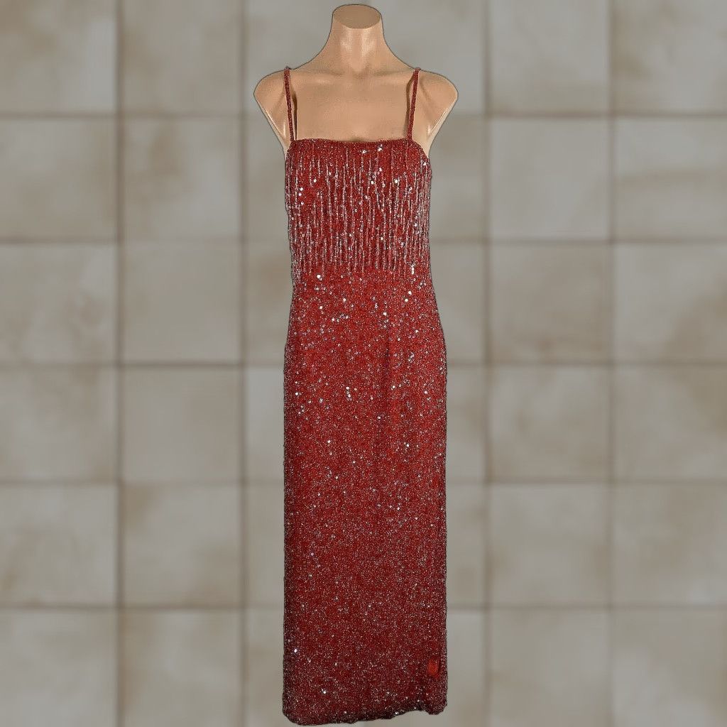 VINTAGE Scala Red Fringe Beaded Sequin Prom Formal Evening Party Dress Gown  S/M