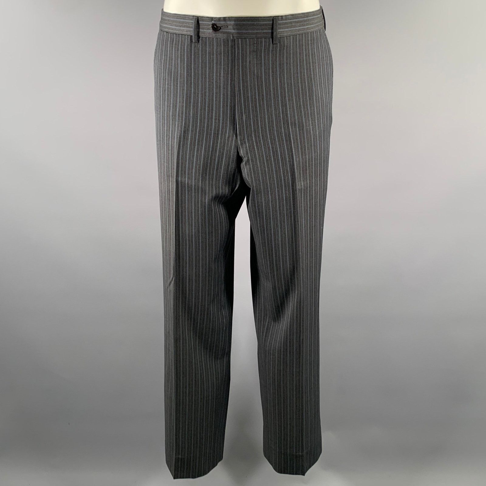 Ermenegildo Zegna ERMENEGILDO ZEGNA Grey Blue Stripe Wool Notch Lapel Suit Size 52L - 5 Thumbnail