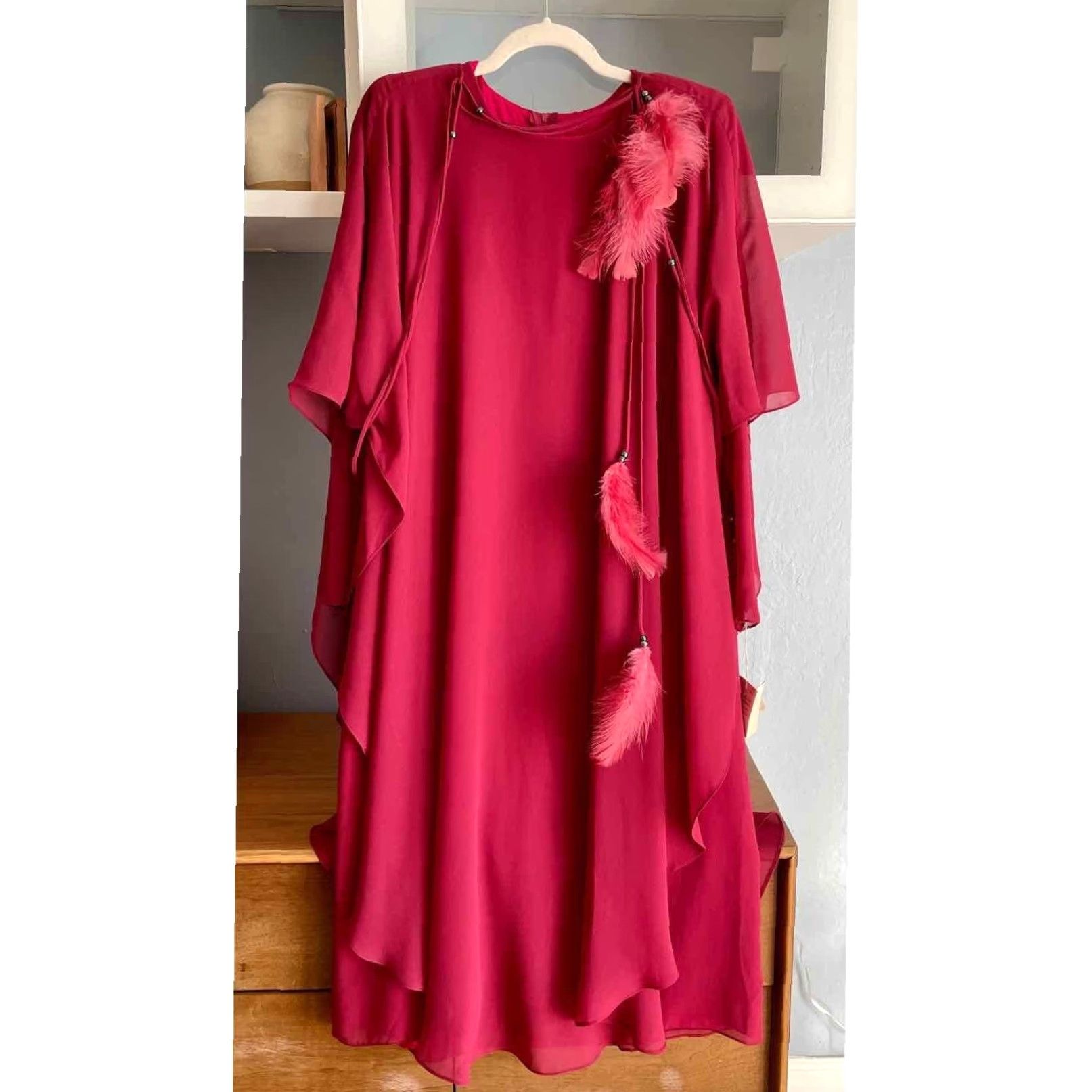 Vintage VINTAGE URSULA OF SWITZERLAND Dress Chiffon Flowy Drape Feathers 12 Pink 1980s Eveningwear Size XL / US 12-14 / IT 48-50 - 2 Thumbnail