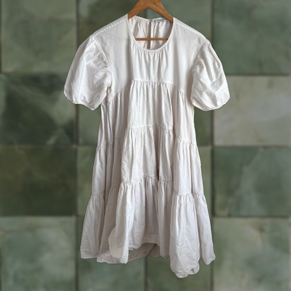 CECELIE BAHNSEN Esme Tiered Gathered Taffeta Dress Hi-Low White 8 Womens A-Line Puff Sleeve RTR Flaw