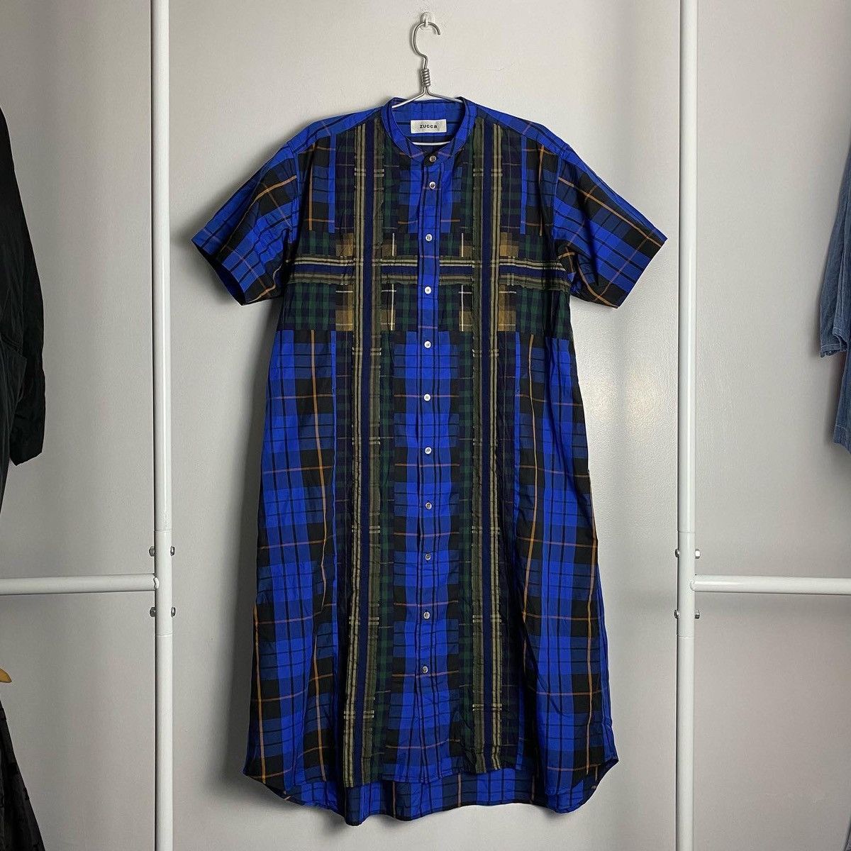 image of Zucca Japanese Patchwork Check Dress in Blue Tartan, Women's (Size Large)