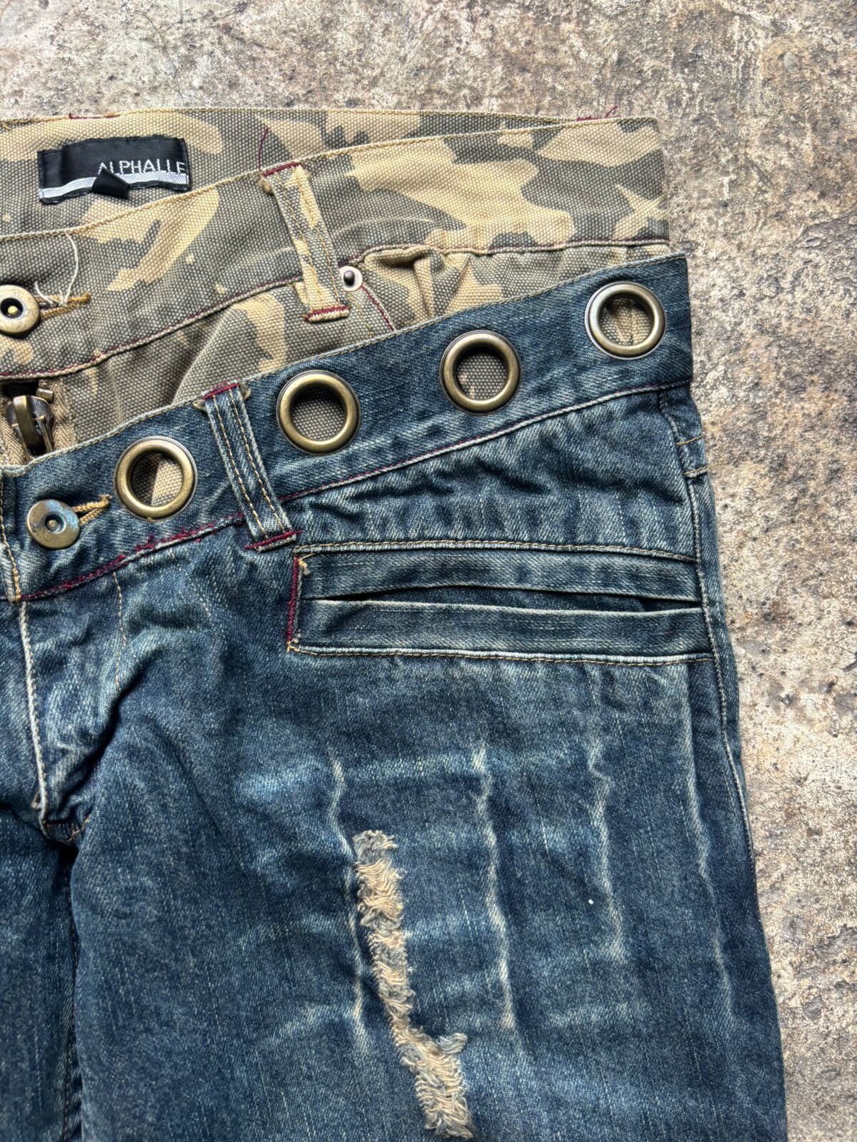 Japanese Brand 2000s Alphalee Japan Hybrid Distressed Double Waist Jeans Size US 31 - 3 Thumbnail