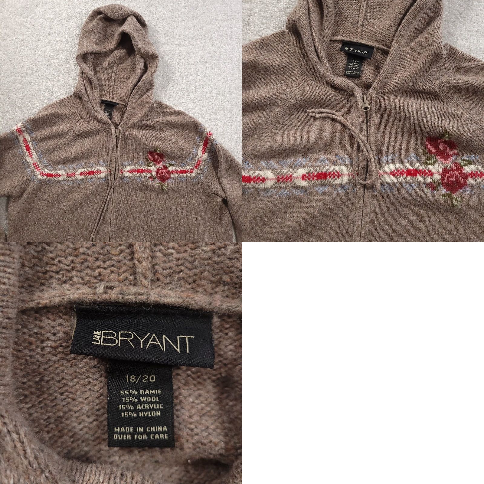 Vintage Lane Bryant Womens Zip Up Hoodie 18/20 Wool Blend Beige Roses Hoodie Plus 18/20 Womens Beige Roses Size XXL / US 16-18 / IT 52-54 - 8 Thumbnail