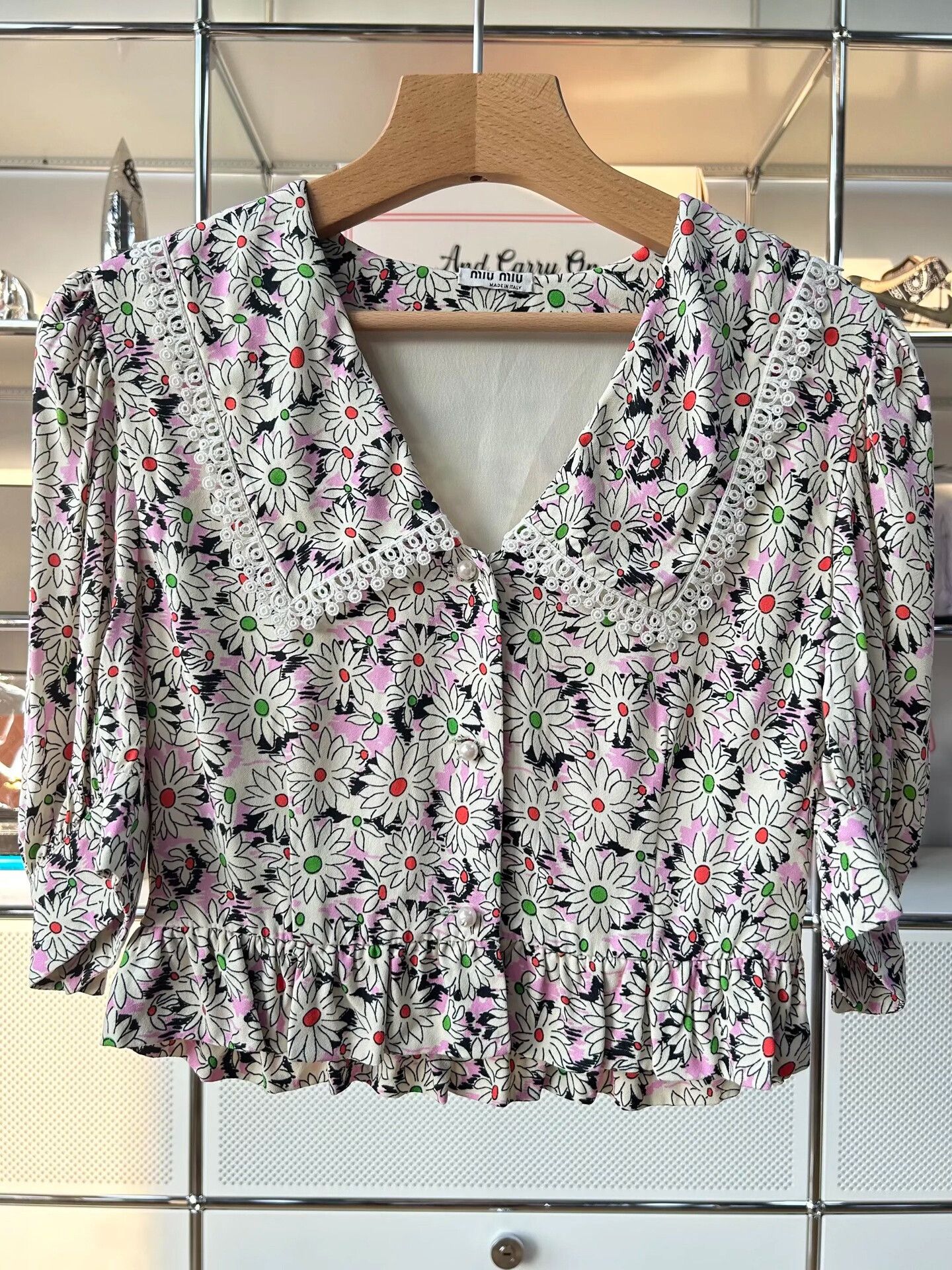 Miu Miu Floral V-Neck Lace Trim Blouse