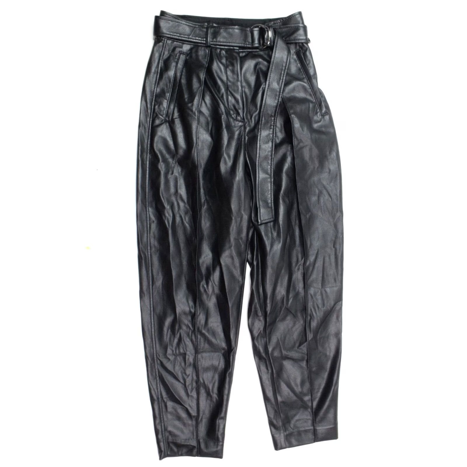 Vintage Babaton Command Vegan Leather Pants Black Belted High Rise Womens Size 0 Straight Leg Paperbag Style 24" Waist 25" Inseam Size 25" / US 0 / IT 36 - 2 Thumbnail