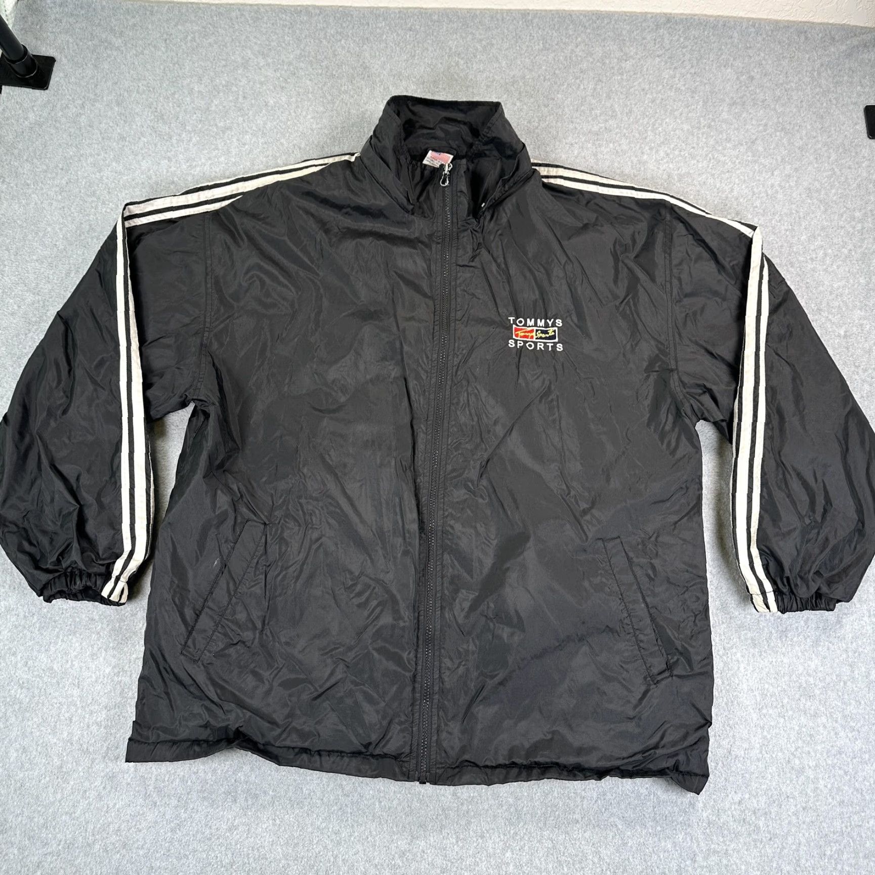 Logo 7 VINTAGE Super USA Windbreaker Jacket Mens L Black Logo Back Patch Striped Sleeves Full Zip Lined Pockets Size US L / EU 52-54 / 3 - 2 Thumbnail